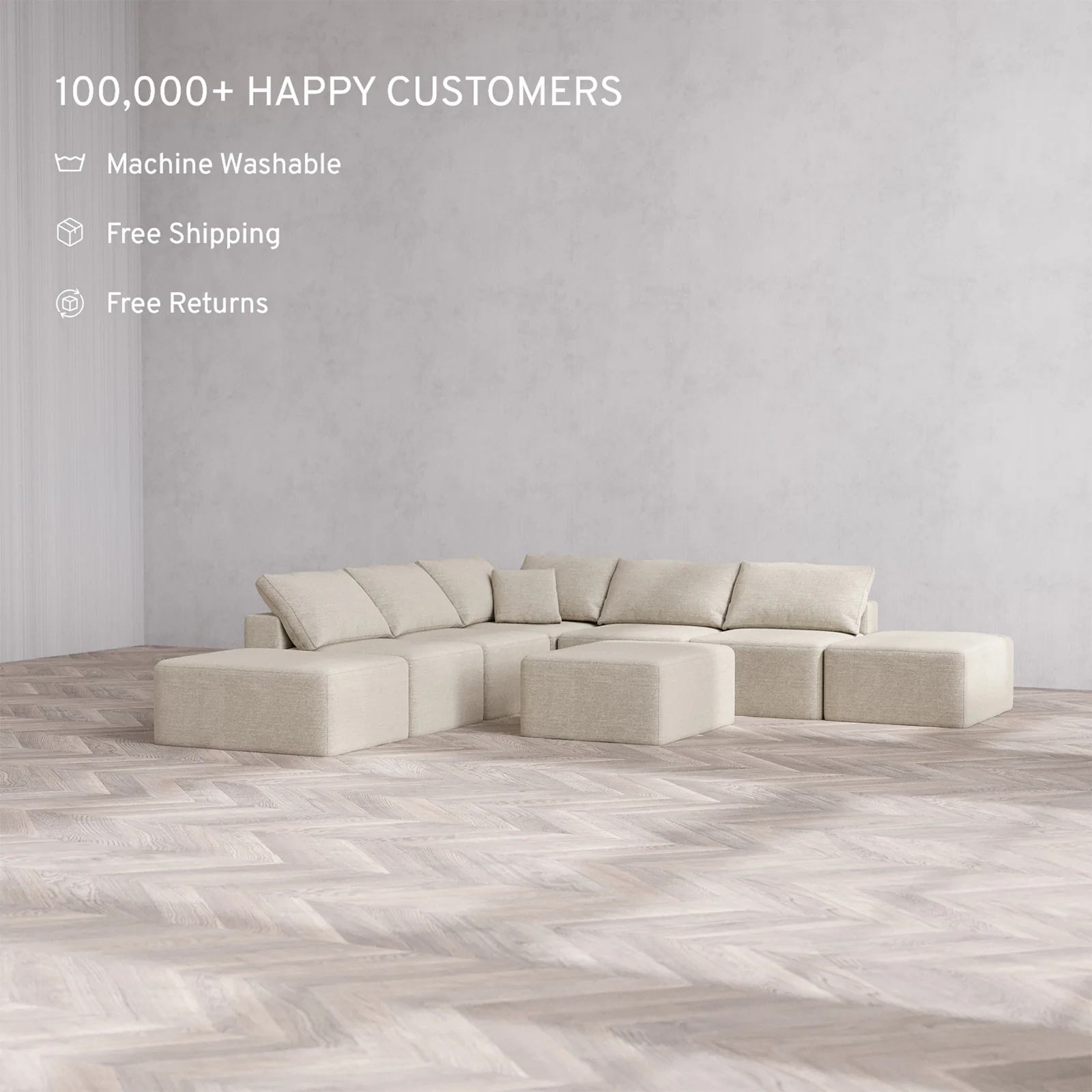 Slipcover Only - Modular Washable 7-Seater Open-Ends Corner Sectional + Chaise Ottoman Cloud Sofa in Sandstone - Image 2