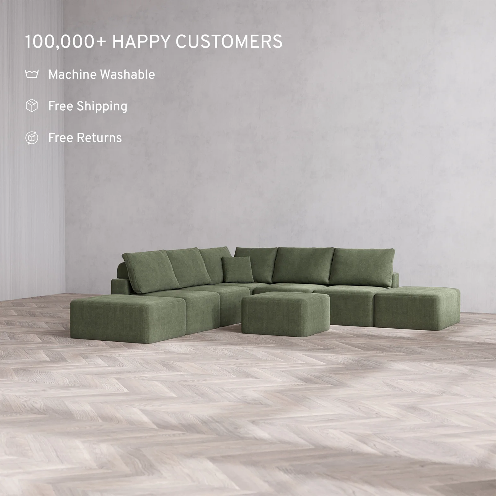 Slipcover Only - Modular Washable 7-Seater Open-Ends Corner Sectional Cloud + Bolster Sofa in Juniper - Image 2