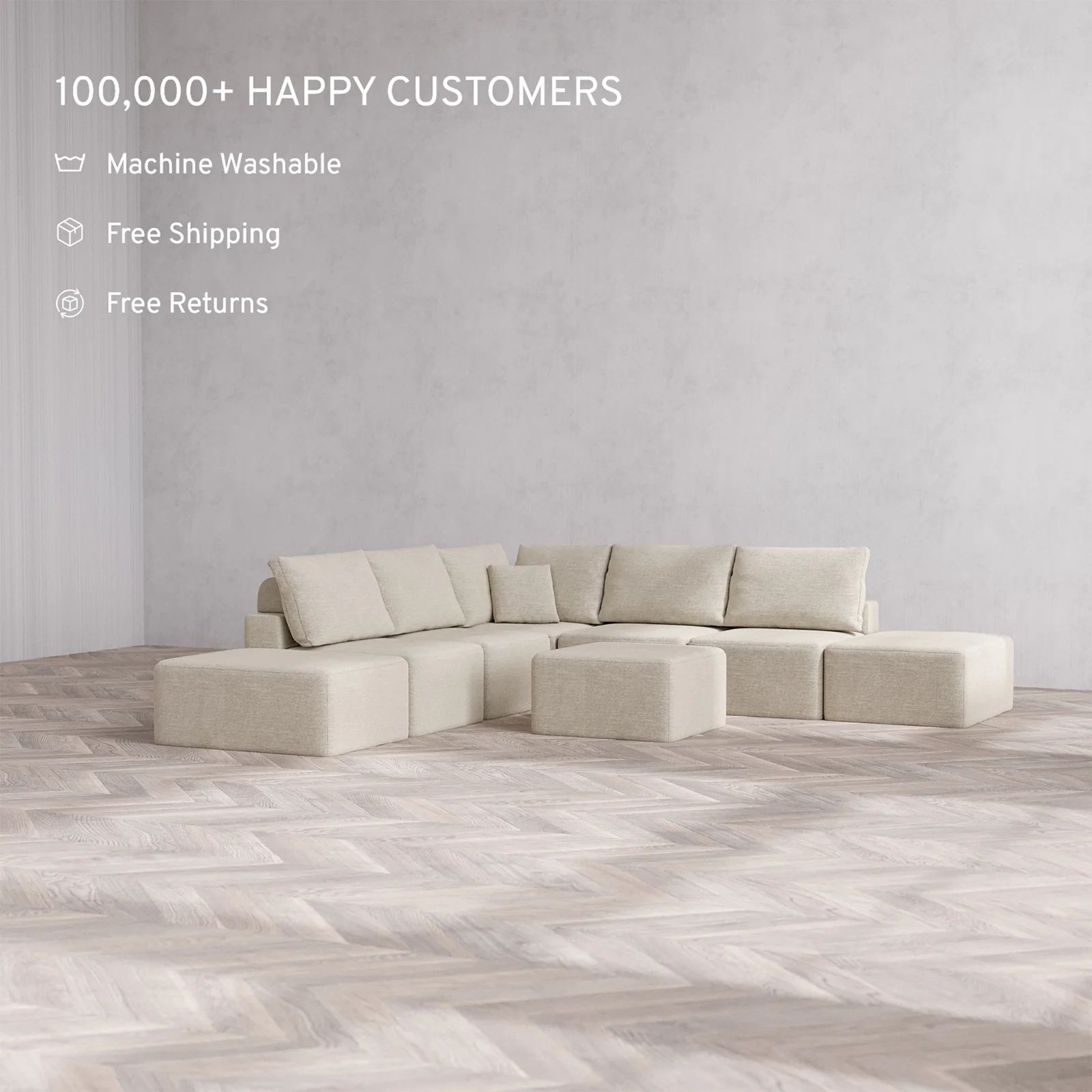 Slipcover Only - Modular Washable 7-Seater Open-Ends Corner Sectional Cloud + Bolster Sofa in Sandstone - Image 2