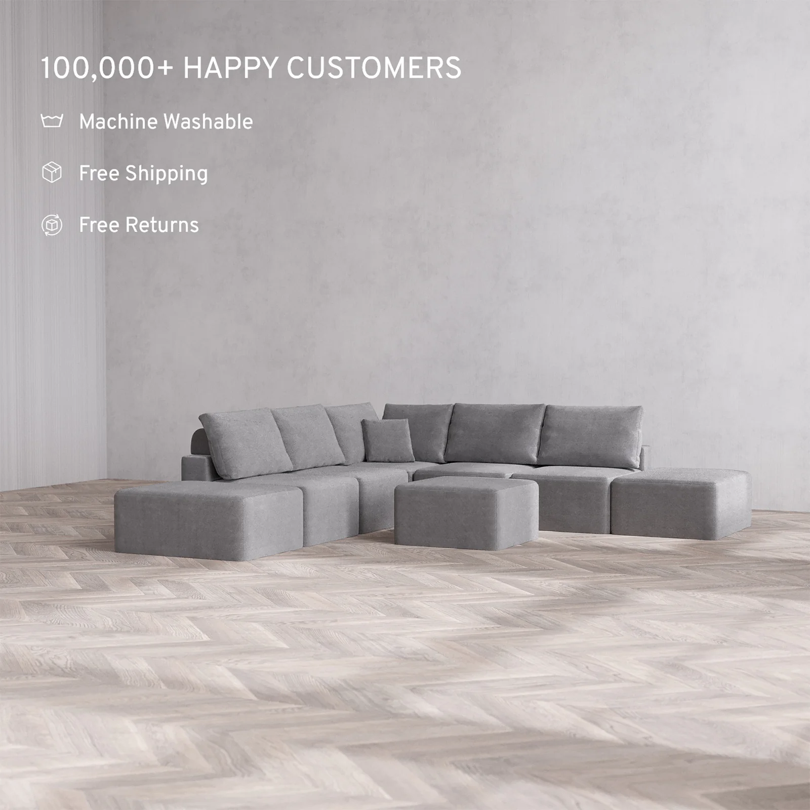 Slipcover Only - Modular Washable 7-Seater Open-Ends Corner Sectional Cloud + Bolster Sofa in Slate - Image 2