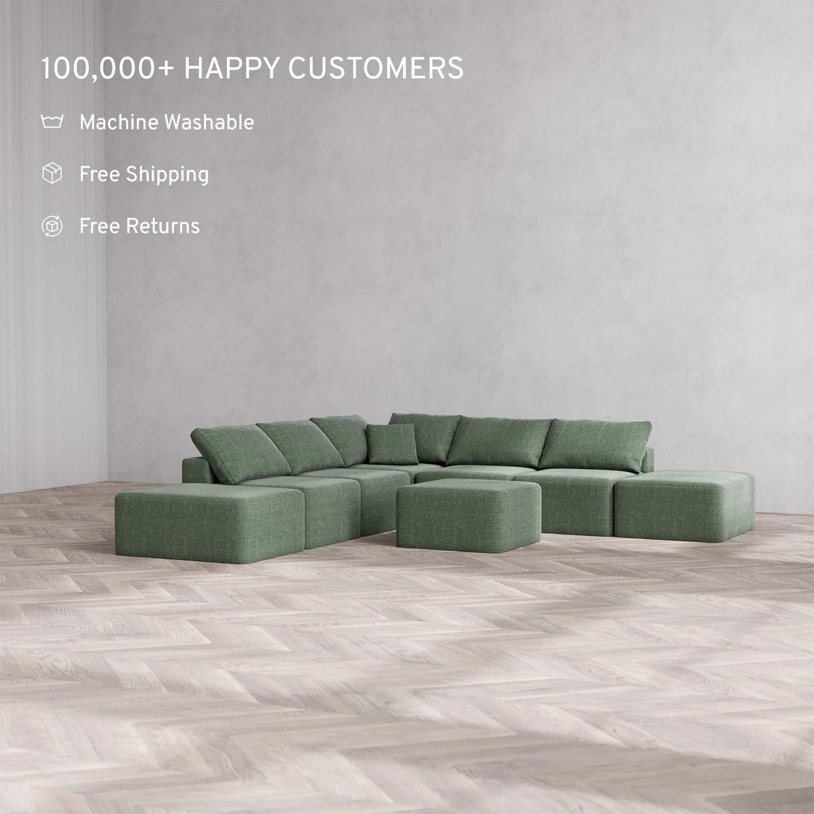 Slipcover Only - Modular Washable 7-Seater Open-Ends Corner Sectional Cloud Sofa in Sage - Image 2