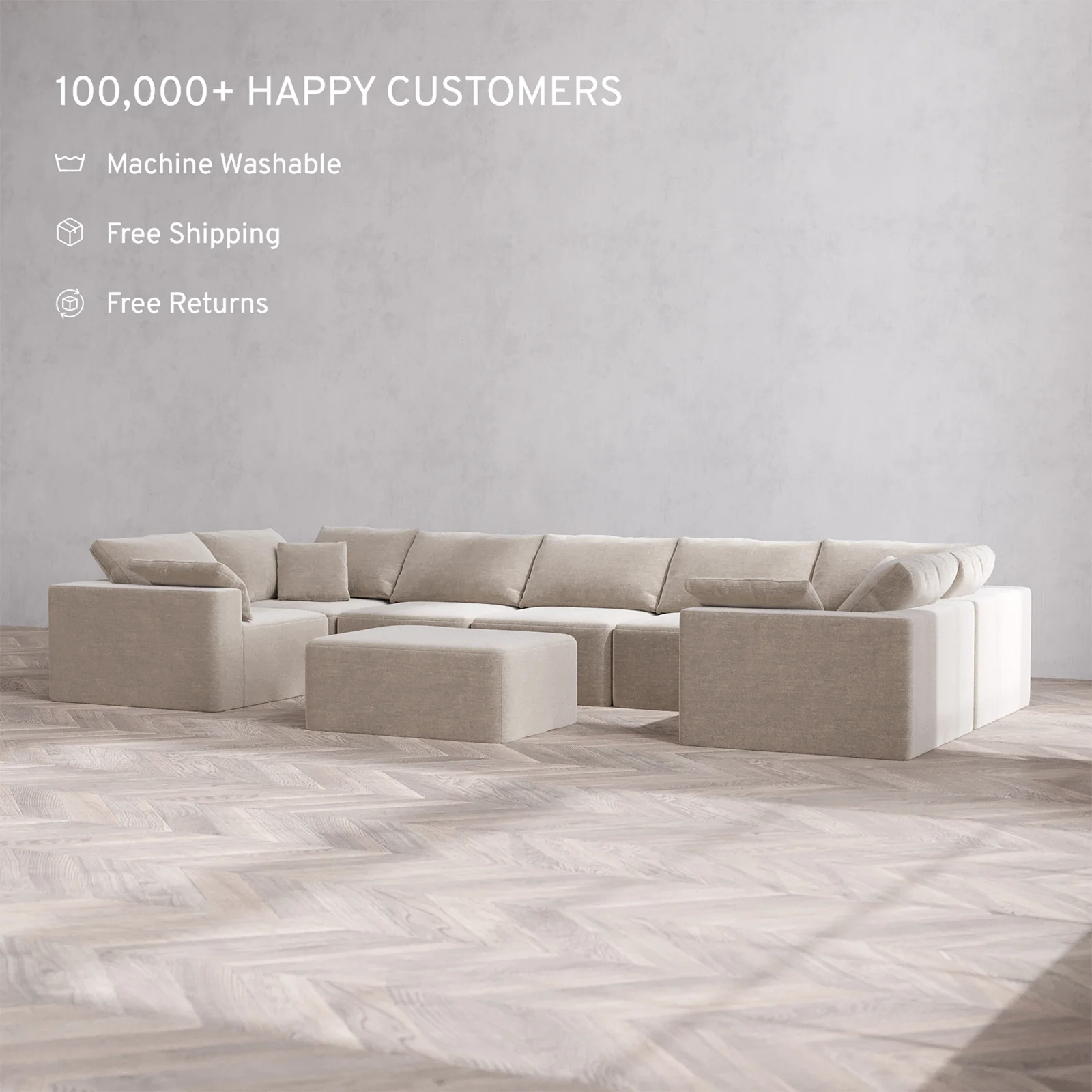 Slipcover Only - Modular Washable 7-Seater U Sectional + Chaise Ottoman Cloud Sofa in Caraway - Image 2