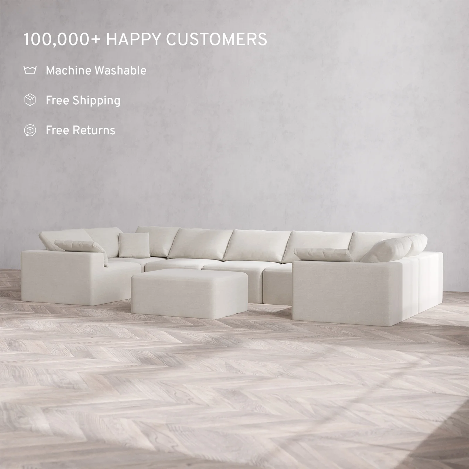 Slipcover Only - Modular Washable 7-Seater U Sectional + Chaise Ottoman Cloud Sofa in Cashew - Image 2