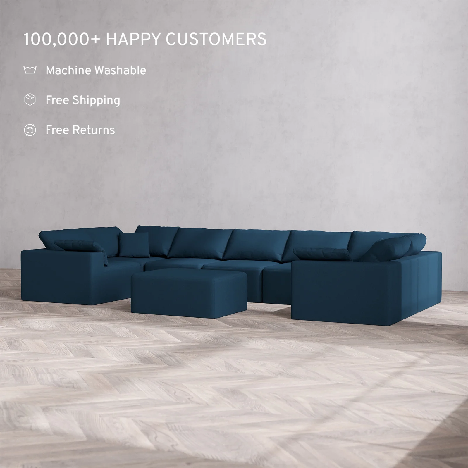 Slipcover Only - Modular Washable 7-Seater U Sectional + Chaise Ottoman Cloud Sofa in Lazuli - Image 2