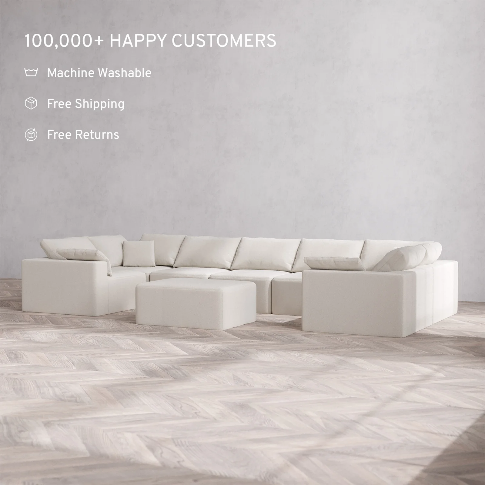 Slipcover Only - Modular Washable 7-Seater U Sectional + Chaise Ottoman Cloud Sofa in Pearl - Image 2