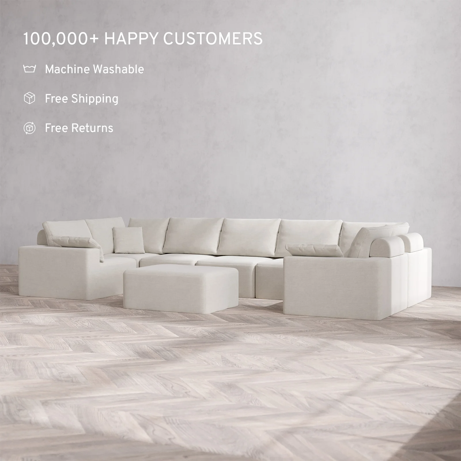 Slipcover Only - Modular Washable 7-Seater U Sectional + Chaise Ottoman Cloud + Bolster Sofa in Cashew - Image 2