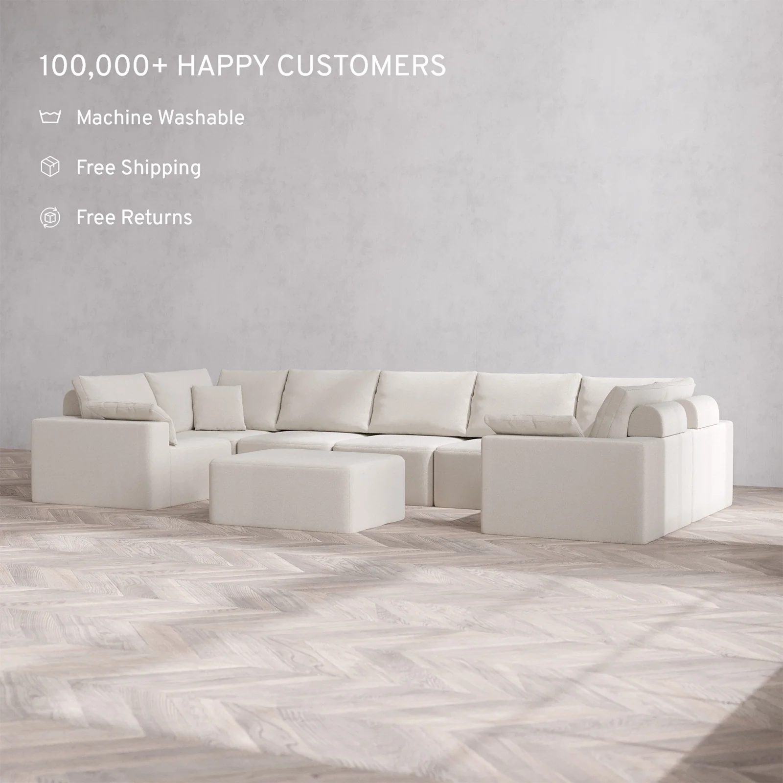 Slipcover Only - Modular Washable 7-Seater U Sectional + Chaise Ottoman Cloud + Bolster Sofa in Pearl - Image 2