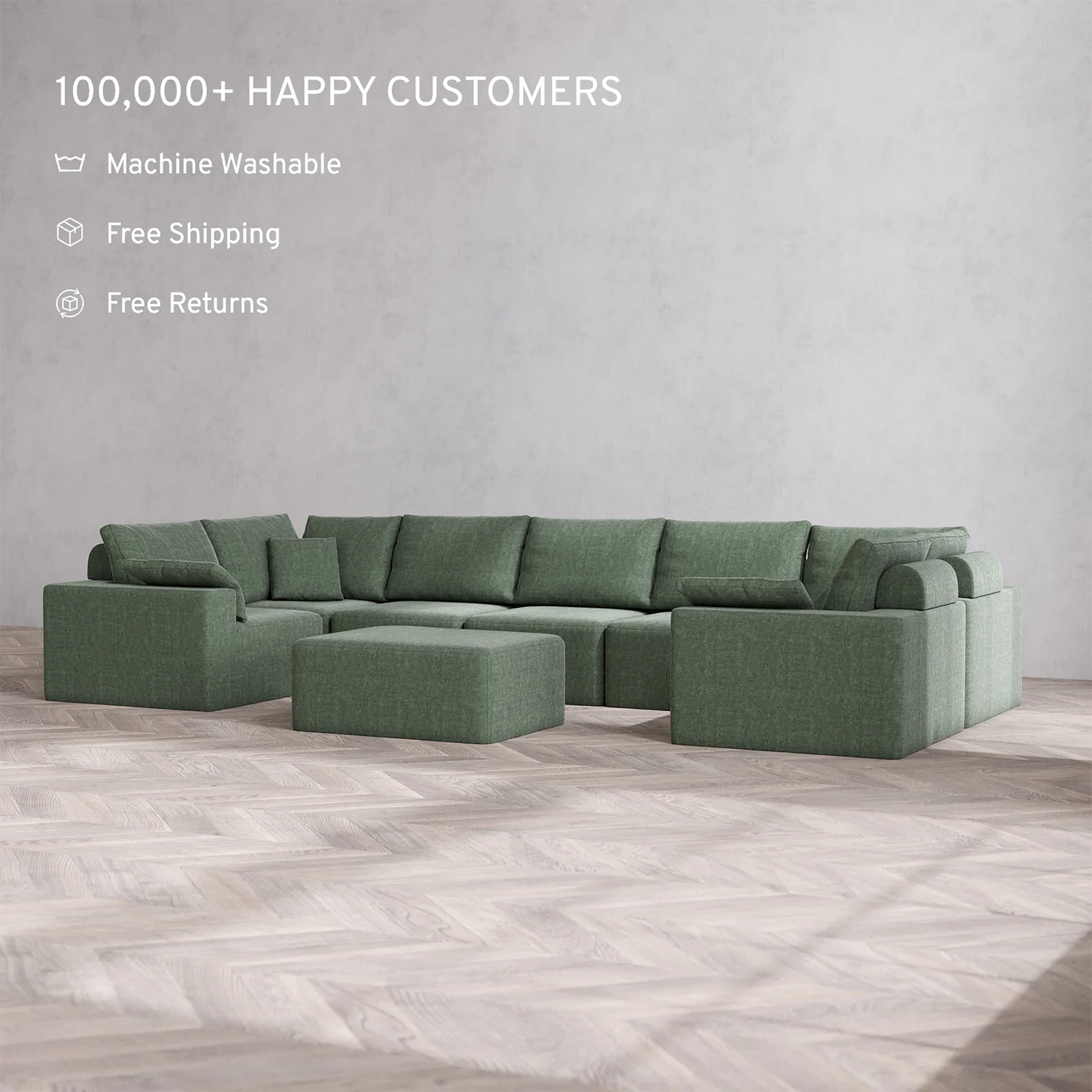 Slipcover Only - Modular Washable 7-Seater U Sectional + Chaise Ottoman Cloud + Bolster Sofa in Sage - Image 2