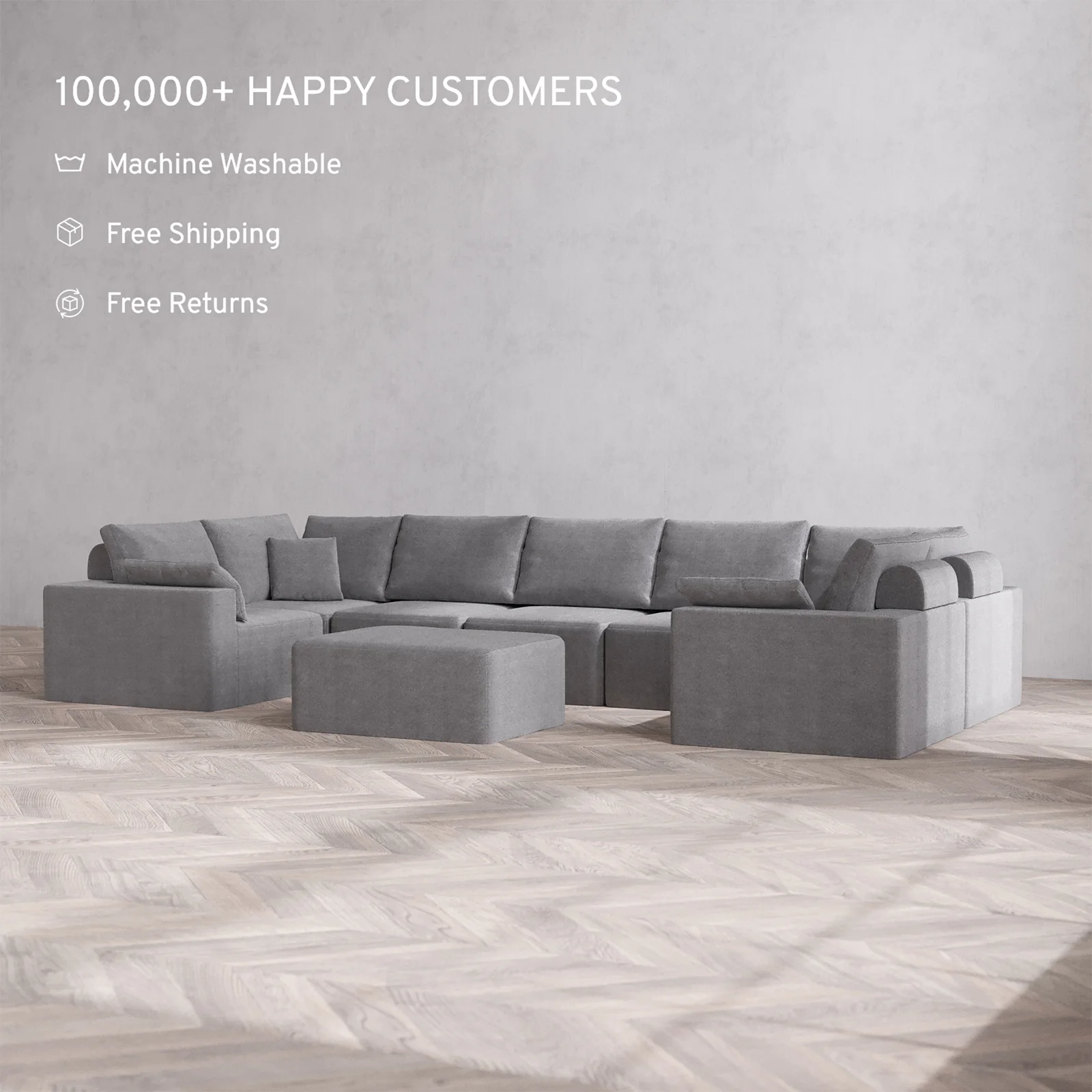 Slipcover Only - Modular Washable 7-Seater U Sectional + Chaise Ottoman Cloud + Bolster Sofa in Slate - Image 2