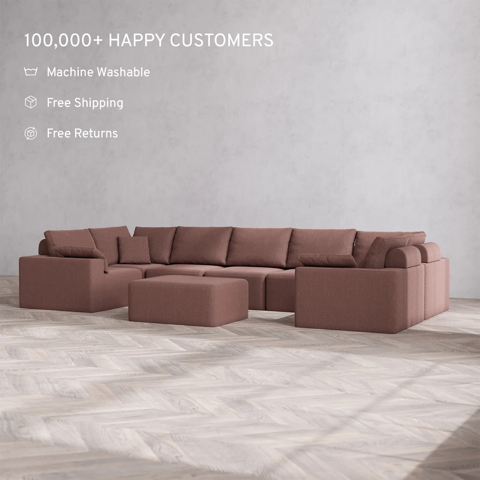 Slipcover Only - Modular Washable 7-Seater U Sectional + Chaise Ottoman Cloud + Bolster Sofa in Sumac - Image 2