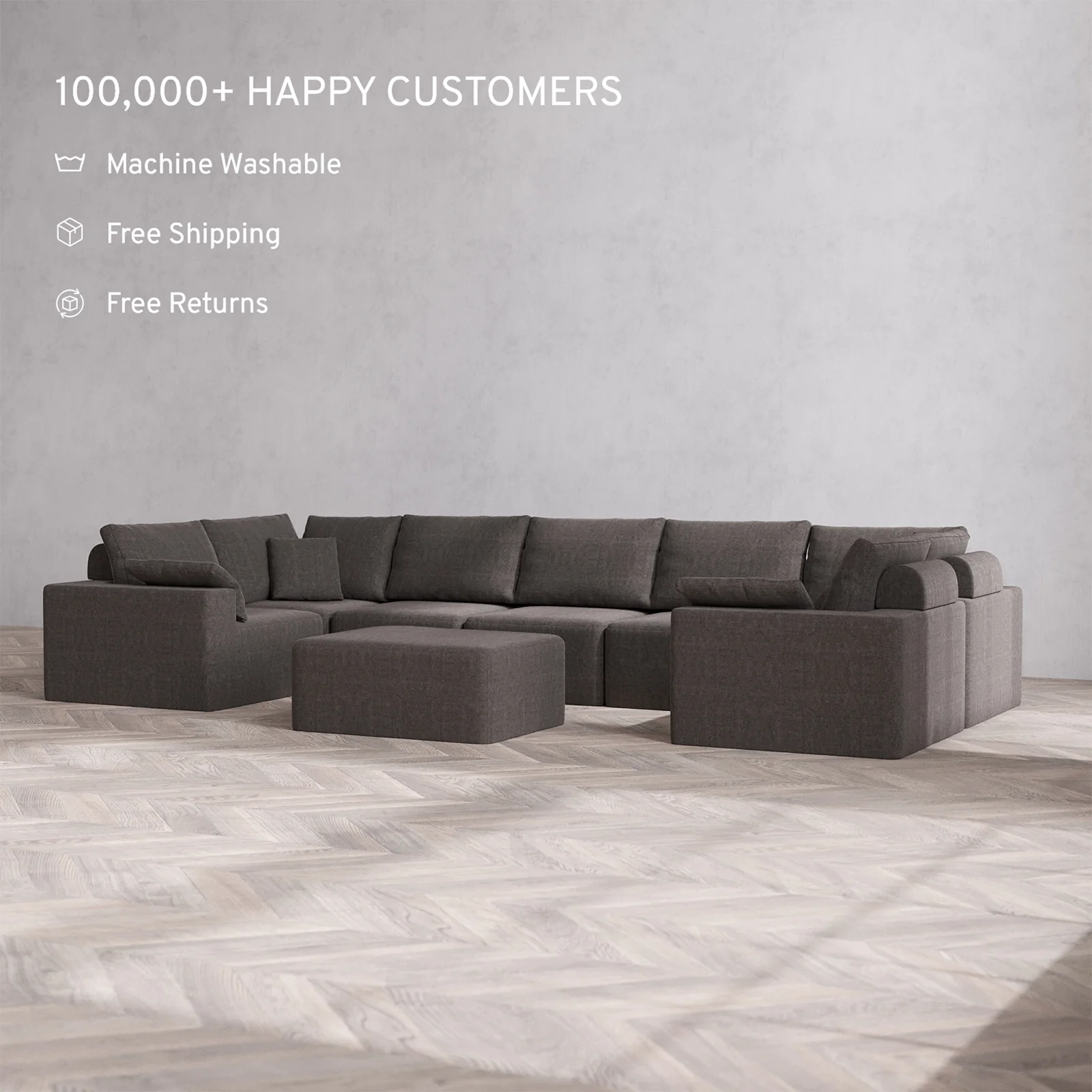 Slipcover Only - Modular Washable 7-Seater U Sectional + Chaise Ottoman Cloud + Bolster Sofa in Truffle - Image 2