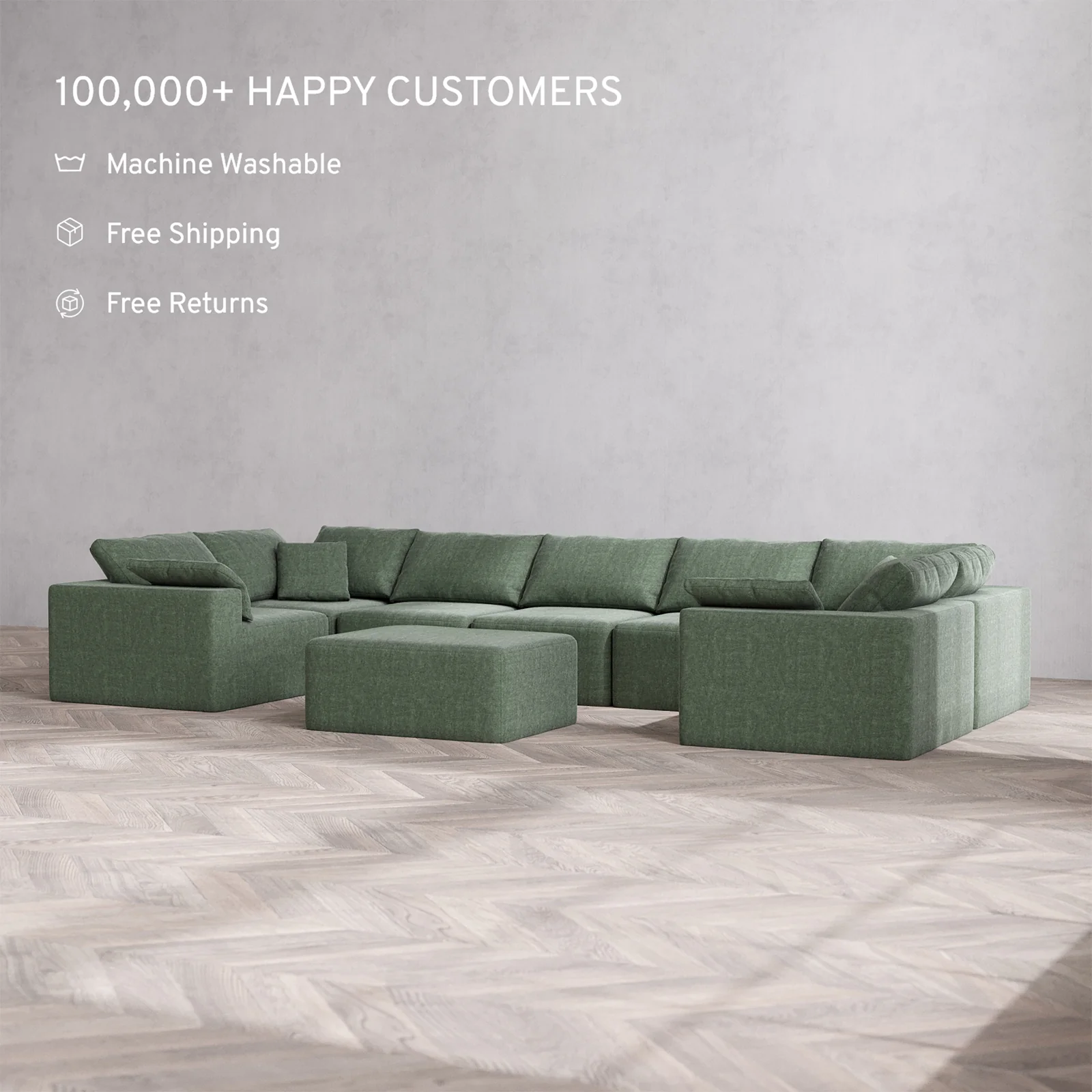Slipcover Only - Modular Washable 7-Seater U Sectional + Chaise Ottoman Cloud Sofa in Sage - Image 2