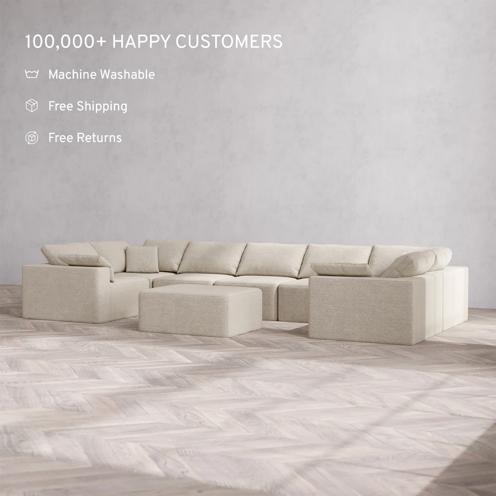 Slipcover Only - Modular Washable 7-Seater U Sectional + Chaise Ottoman Cloud Sofa in Sandstone - Image 2