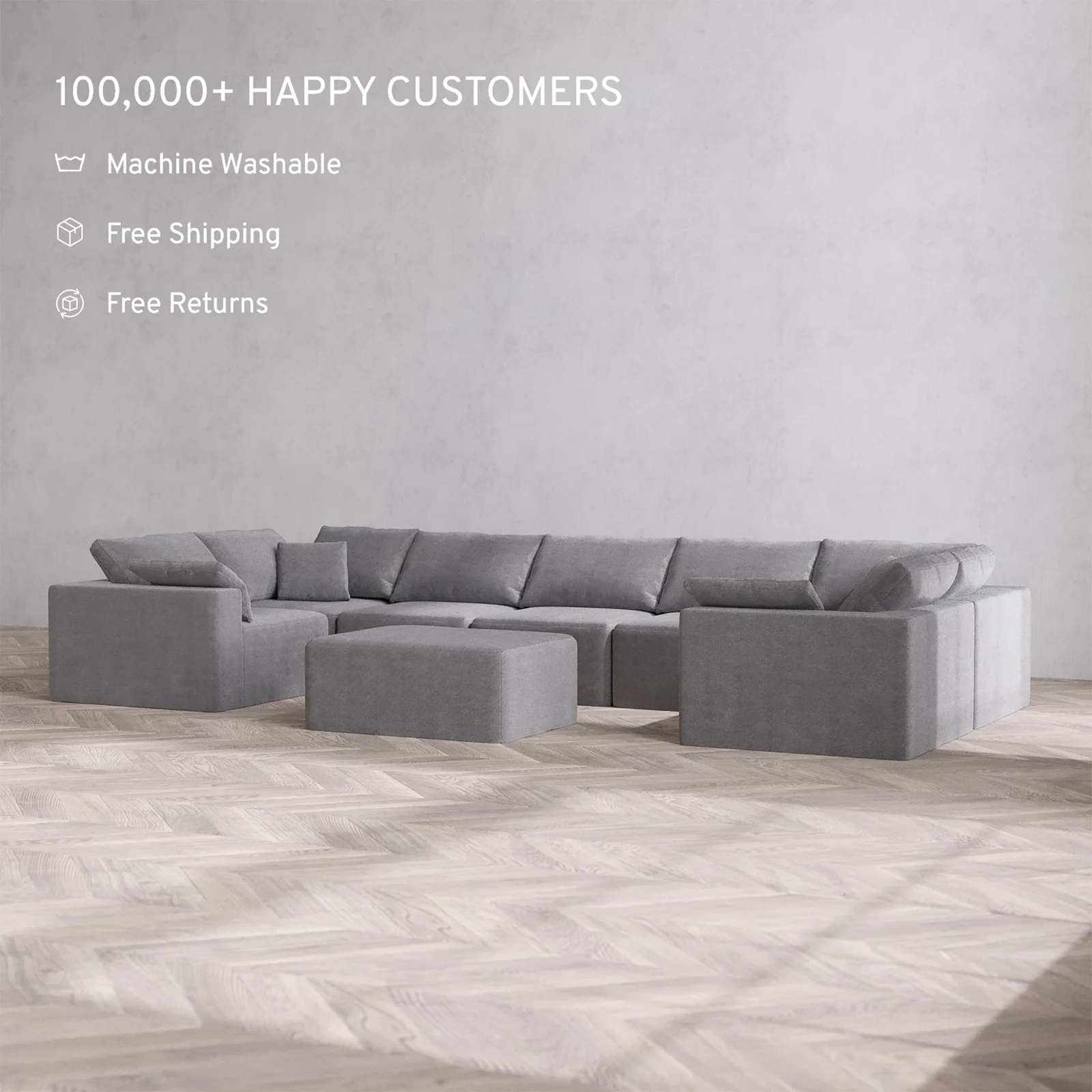 Slipcover Only - Modular Washable 7-Seater U Sectional + Chaise Ottoman Cloud Sofa in Slate - Image 2