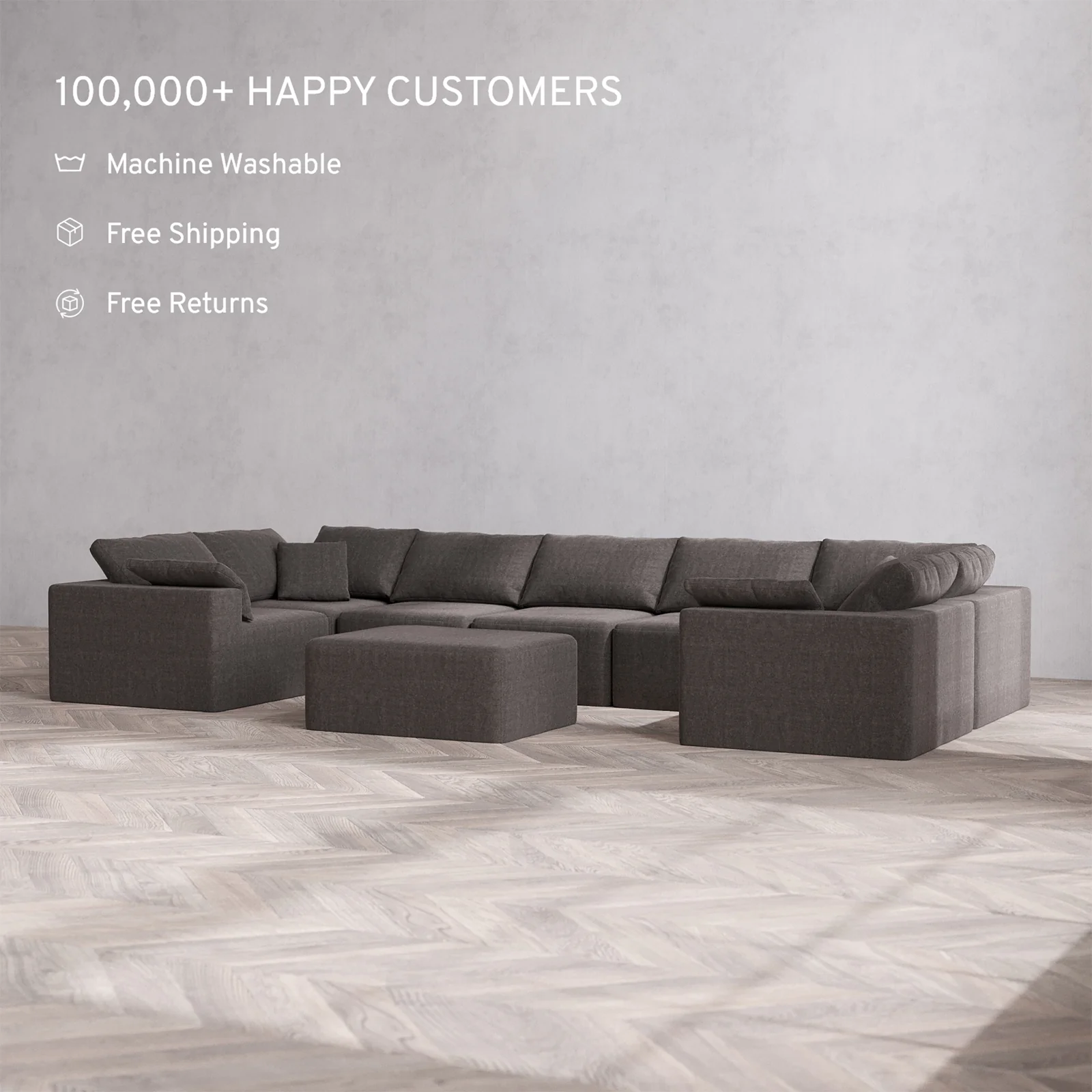 Slipcover Only - Modular Washable 7-Seater U Sectional + Chaise Ottoman Cloud Sofa in Truffle - Image 2