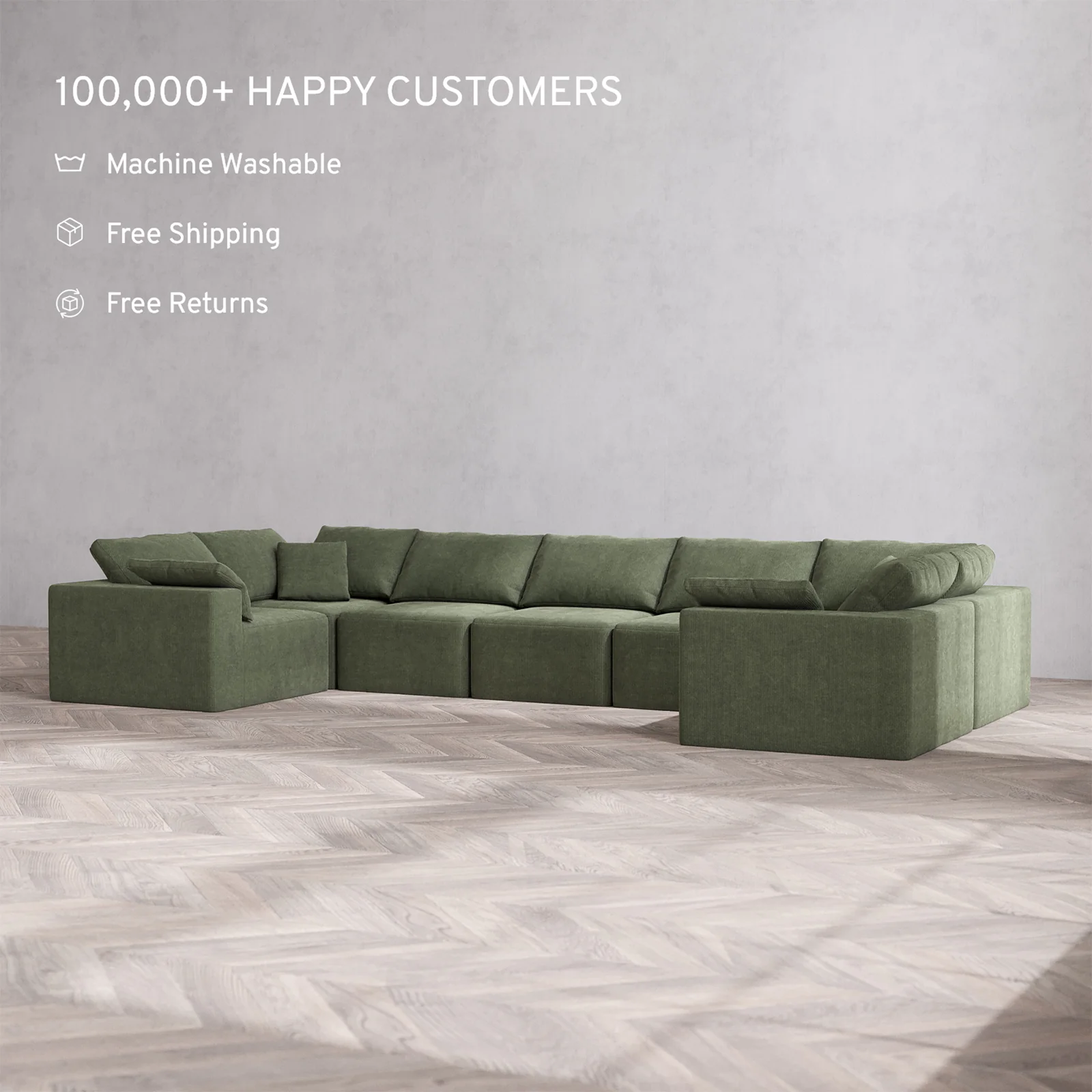 Slipcover Only - Modular Washable 7-Seater U Sectional Cloud Sofa in Juniper - Image 2