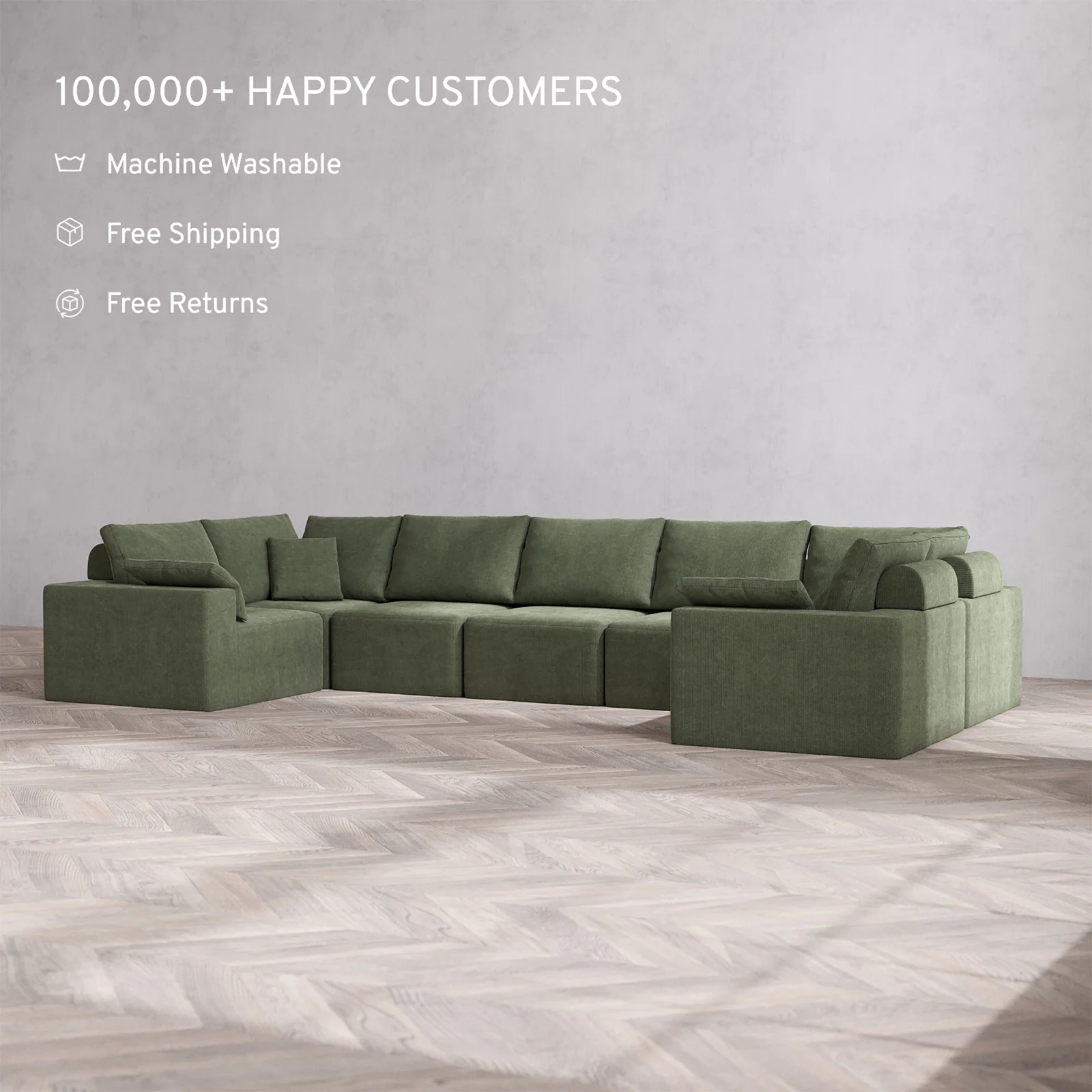 Slipcover Only - Modular Washable 7-Seater U Sectional Cloud + Bolster Sofa in Juniper - Image 2