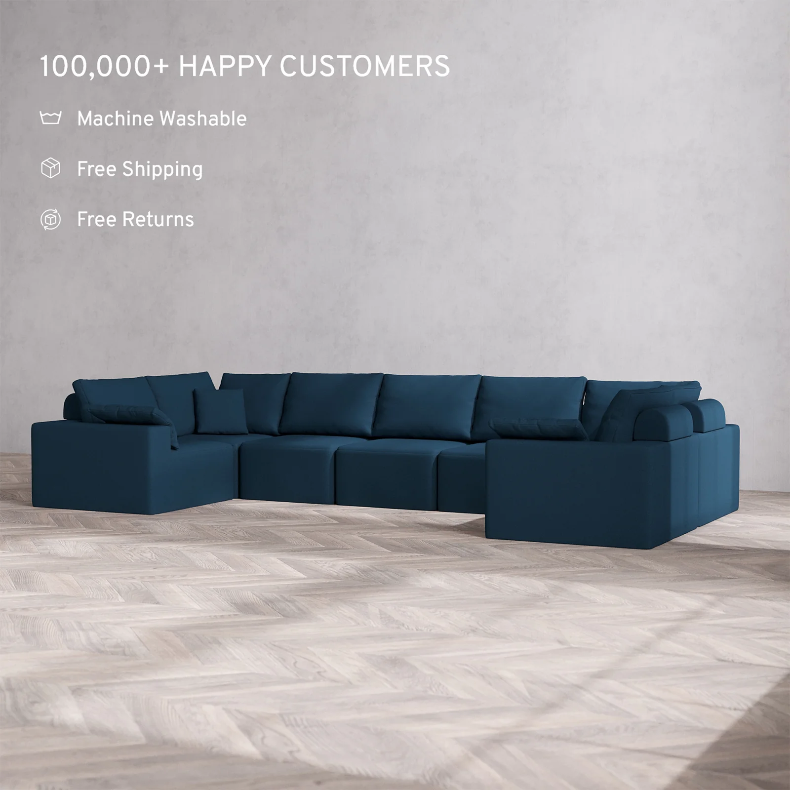Slipcover Only - Modular Washable 7-Seater U Sectional Cloud + Bolster Sofa in Lazuli - Image 2