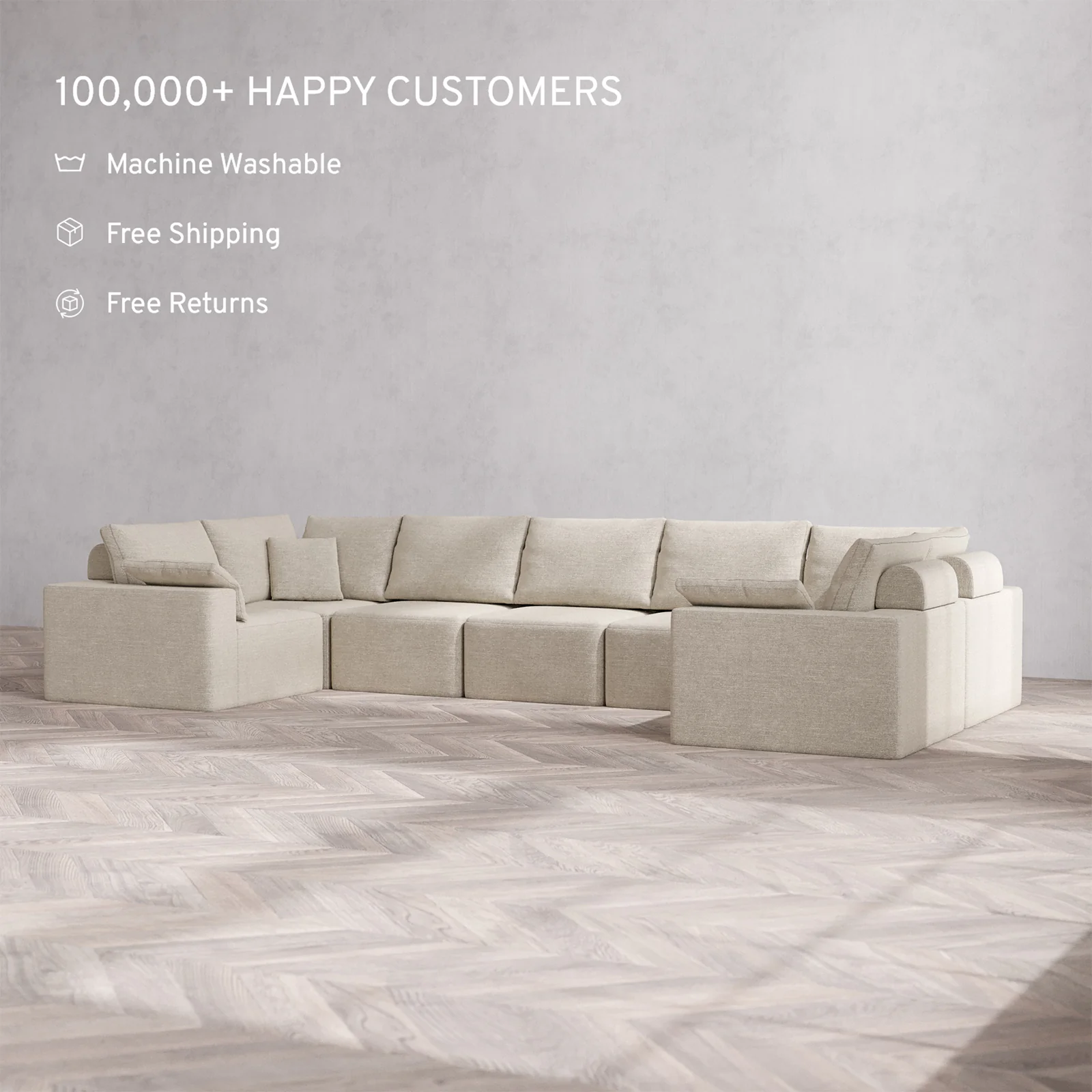 Slipcover Only - Modular Washable 7-Seater U Sectional Cloud + Bolster Sofa in Sandstone - Image 2