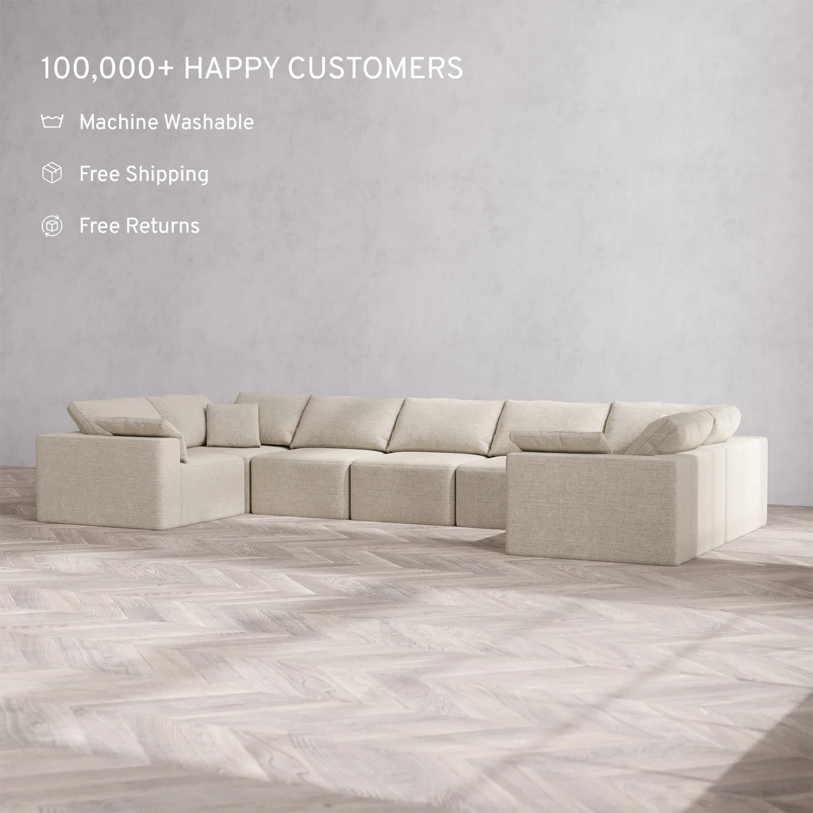 Slipcover Only - Modular Washable 7-Seater U Sectional Cloud Sofa in Sandstone - Image 2