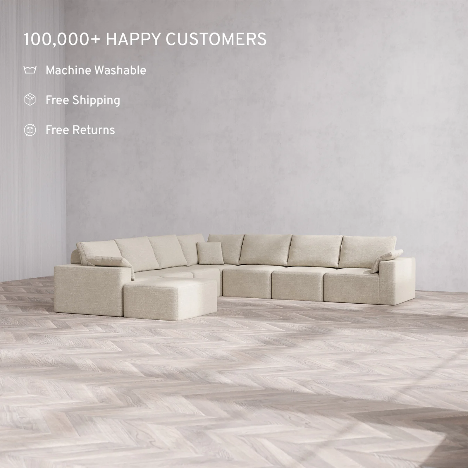 Slipcover Only - Modular Washable 8-Seater Corner Chaise Sectional Cloud + Bolster Sofa in Sandstone - Image 2