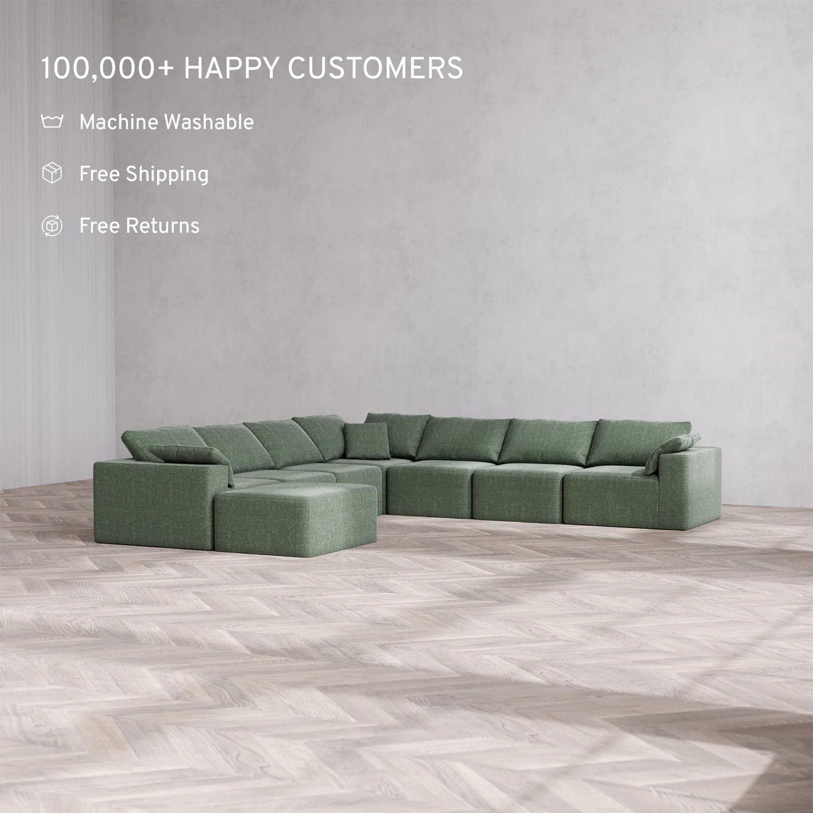 Slipcover Only - Modular Washable 8-Seater Corner Chaise Sectional Cloud Sofa in Sage - Image 2