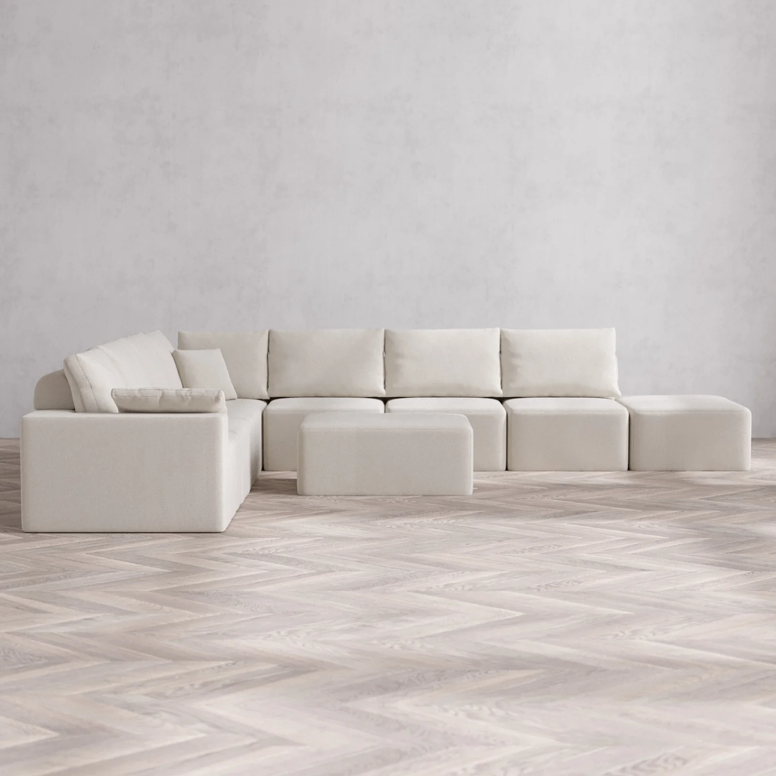 Slipcover Only - Modular Washable 8-Seater Open End Corner Sectional + Chaise Ottoman Cloud + Bolster Sofa in Pearl | Left-Facing Arm