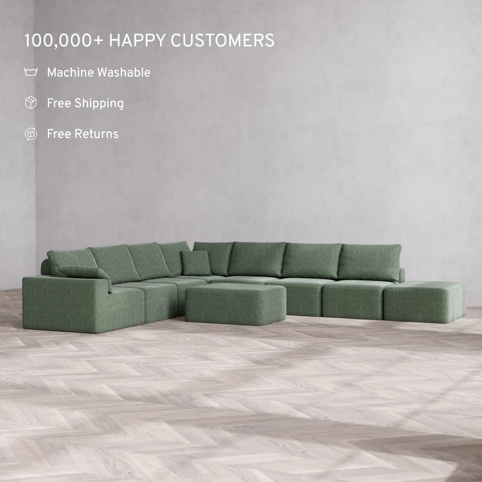Slipcover Only - Modular Washable 8-Seater Open End Corner Sectional + Chaise Ottoman Cloud + Bolster Sofa in Sage | Left-Facing Arm - Image 2