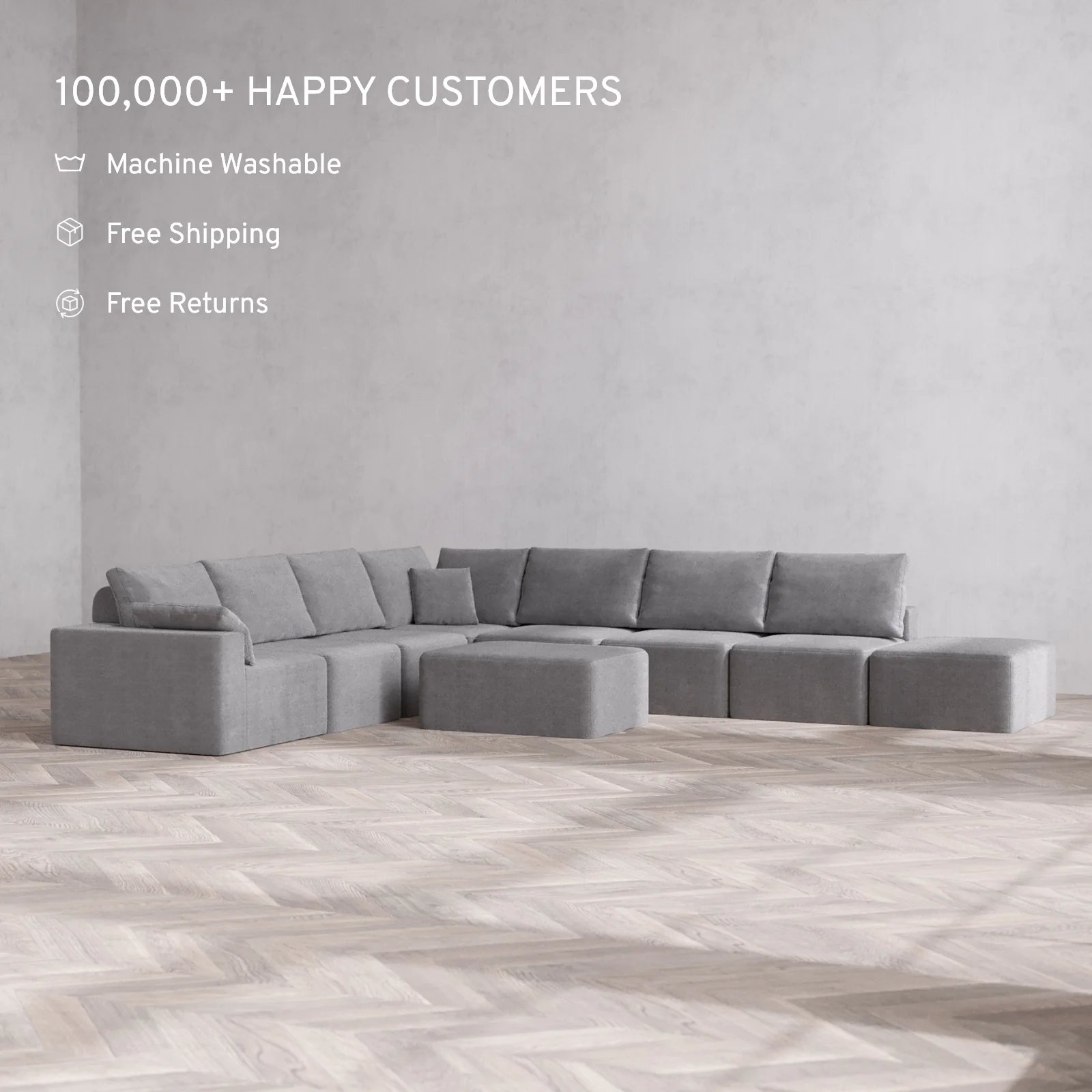 Slipcover Only - Modular Washable 8-Seater Open End Corner Sectional + Chaise Ottoman Cloud + Bolster Sofa in Slate | Left-Facing Arm - Image 2