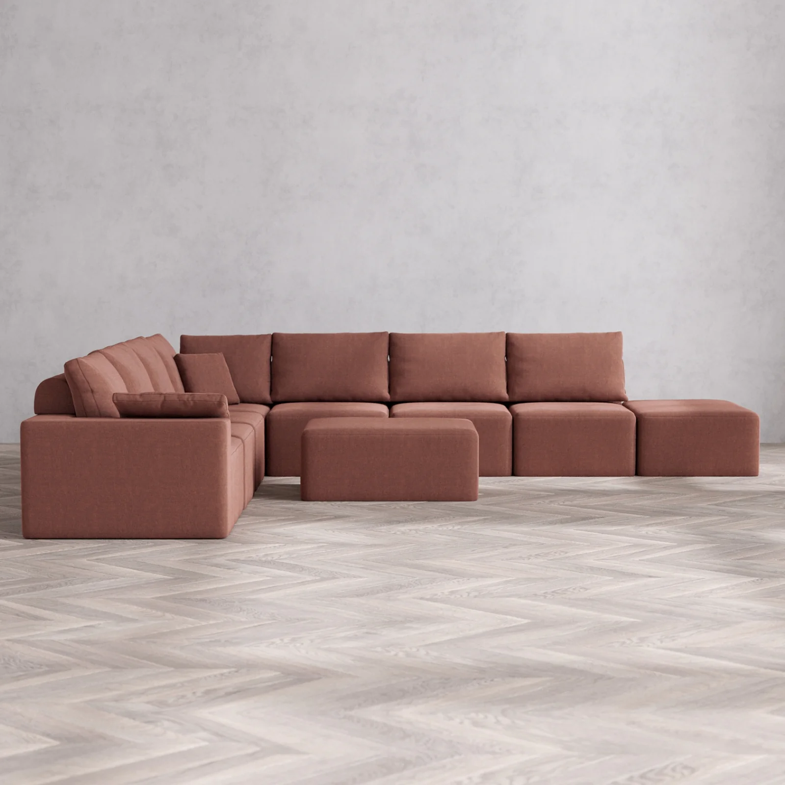 Slipcover Only - Modular Washable 8-Seater Open End Corner Sectional + Chaise Ottoman Cloud + Bolster Sofa in Sumac | Left-Facing Arm