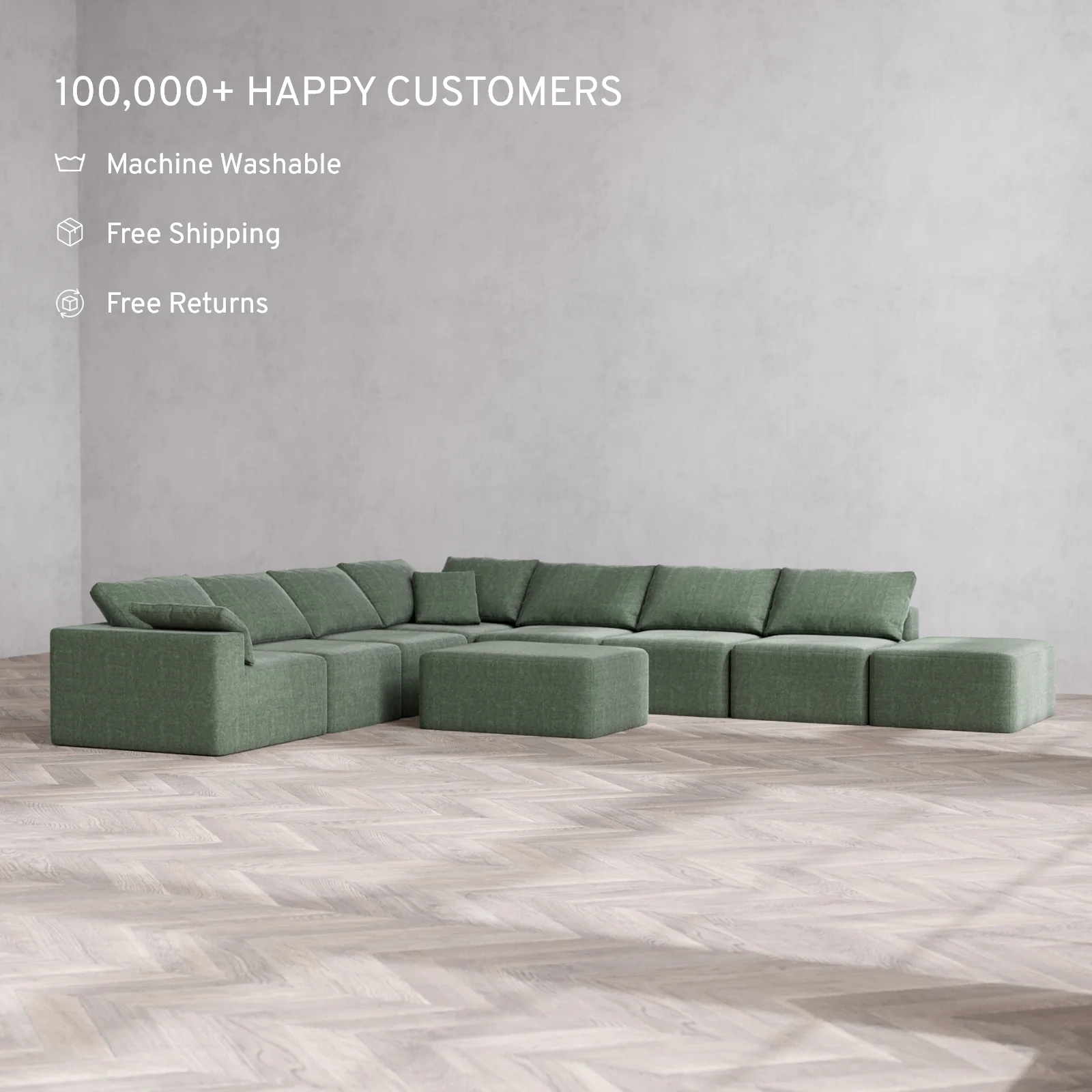 Slipcover Only - Modular Washable 8-Seater Open End Corner Sectional + Chaise Ottoman Cloud Sofa in Sage | Left-Facing Arm - Image 2