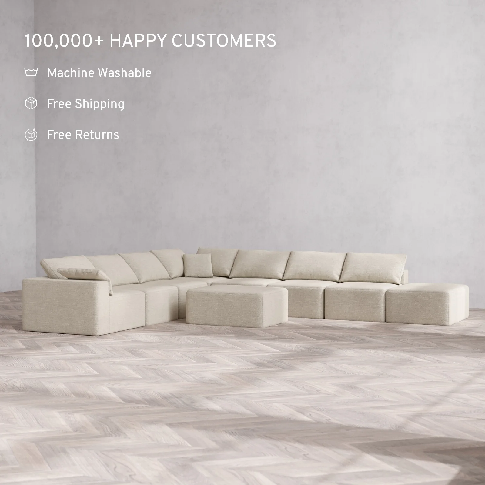 Slipcover Only - Modular Washable 8-Seater Open End Corner Sectional + Chaise Ottoman Cloud Sofa in Sandstone | Left-Facing Arm - Image 2