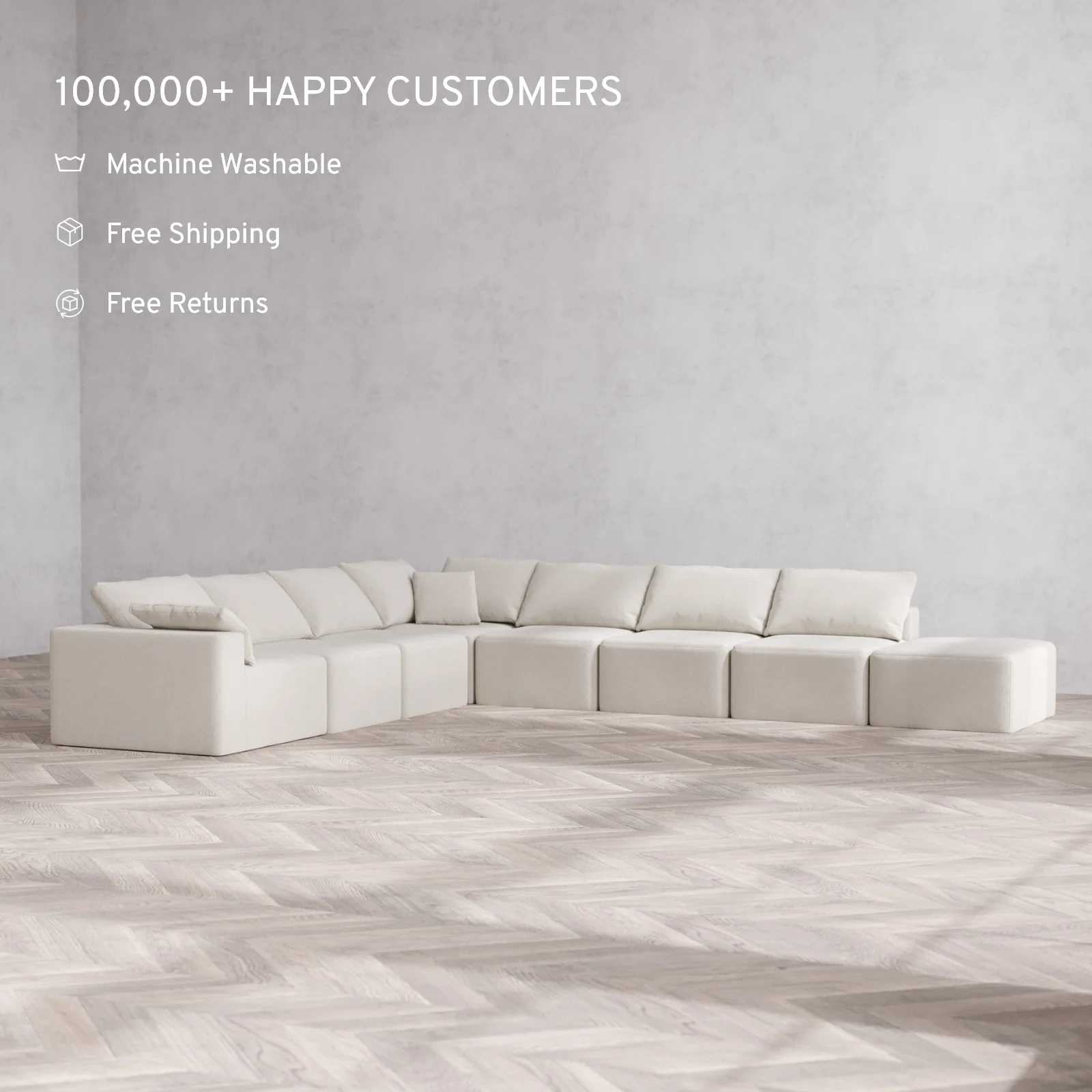 Slipcover Only - Modular Washable 8-Seater Open End Corner Sectional Cloud Sofa in Pearl | Left-Facing Arm - Image 2