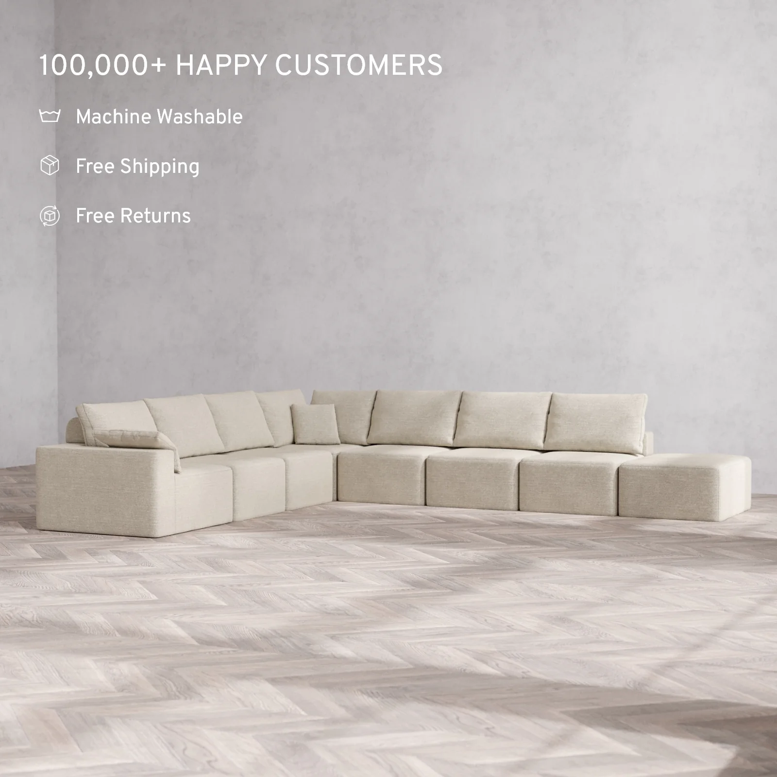 Slipcover Only - Modular Washable 8-Seater Open End Corner Sectional Cloud + Bolster Sofa in Sandstone | Left-Facing Arm - Image 2