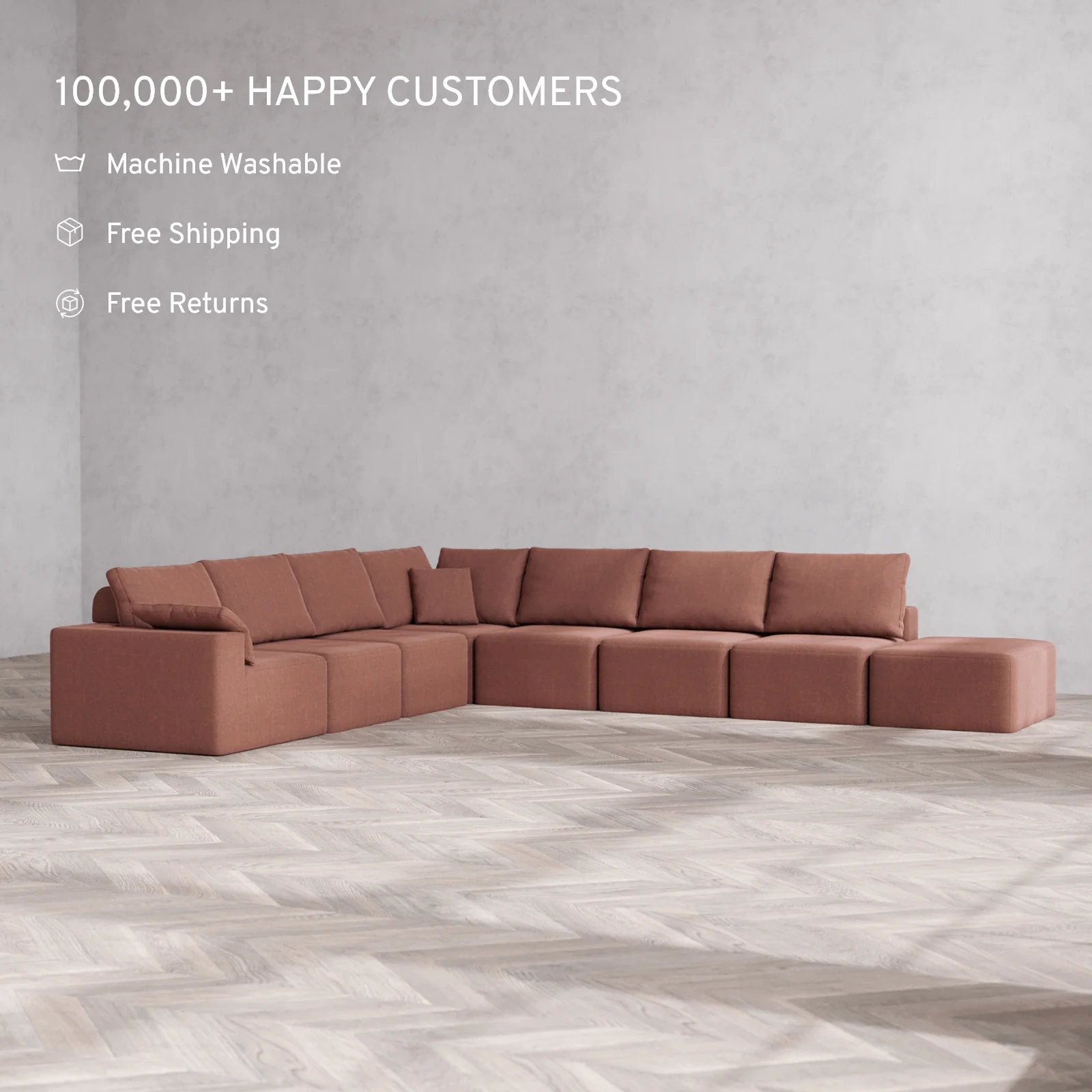 Slipcover Only - Modular Washable 8-Seater Open End Corner Sectional Cloud + Bolster Sofa in Sumac | Left-Facing Arm - Image 2
