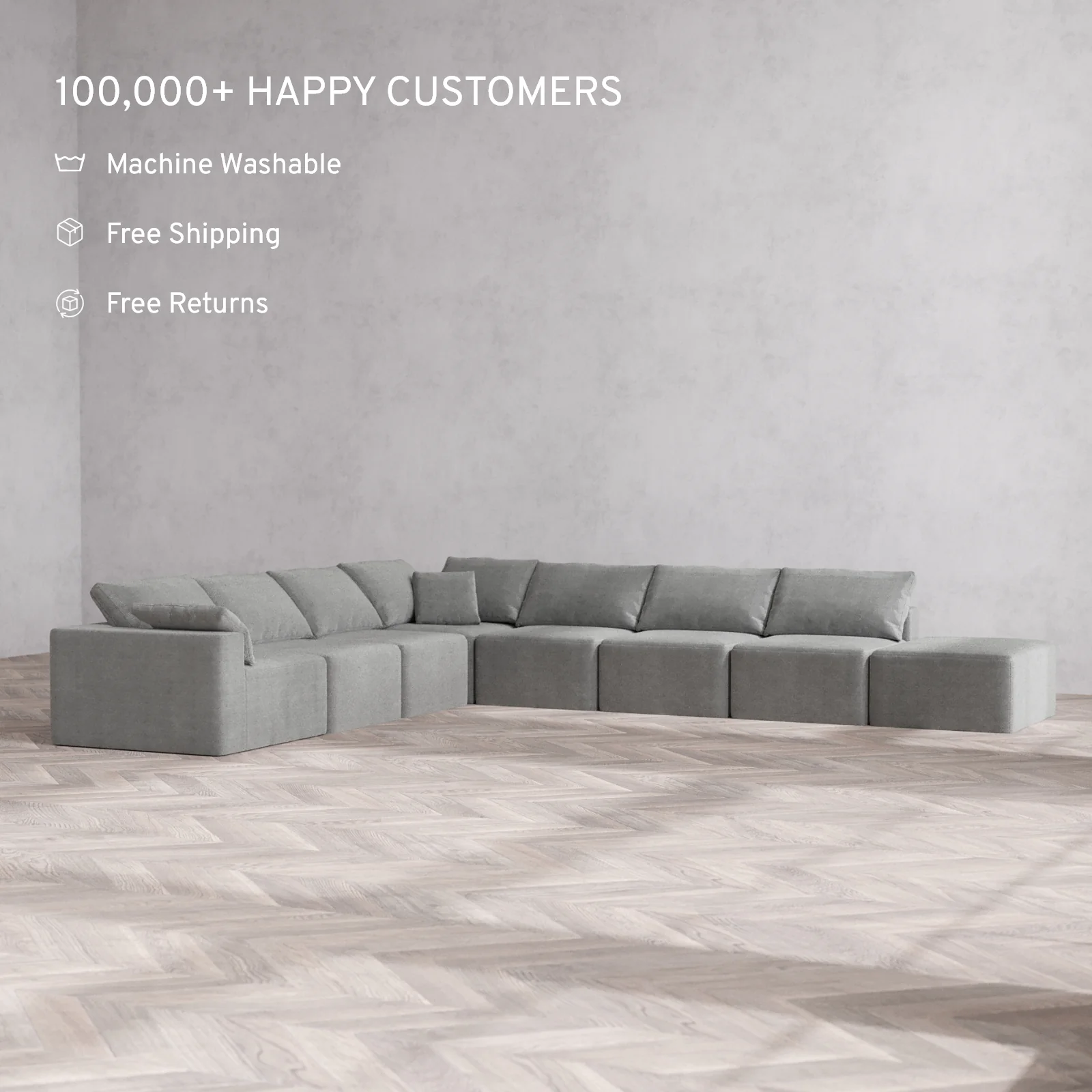 Slipcover Only - Modular Washable 8-Seater Open End Corner Sectional Cloud Sofa in Slate | Left-Facing Arm - Image 2