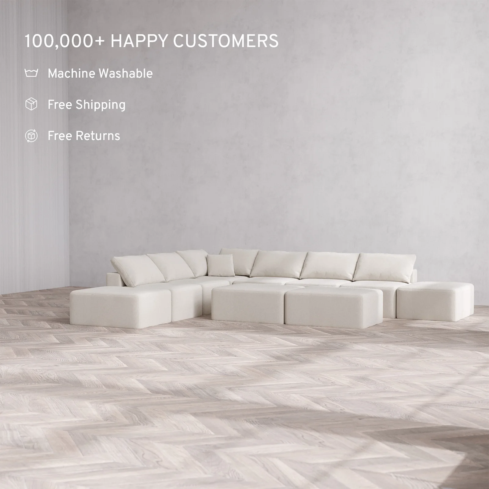 Slipcover Only - Modular Washable 8-Seater Open-Ends Corner Sectional + Chaise Ottoman Bench Cloud Sofa in Pearl - Image 2