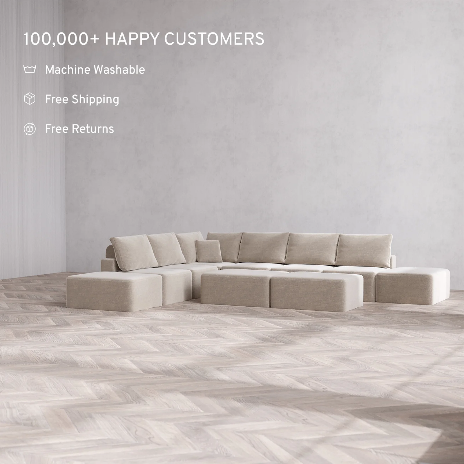 Slipcover Only - Modular Washable 8-Seater Open-Ends Corner Sectional + Chaise Ottoman Bench Cloud + Bolster Sofa in Caraway - Image 2