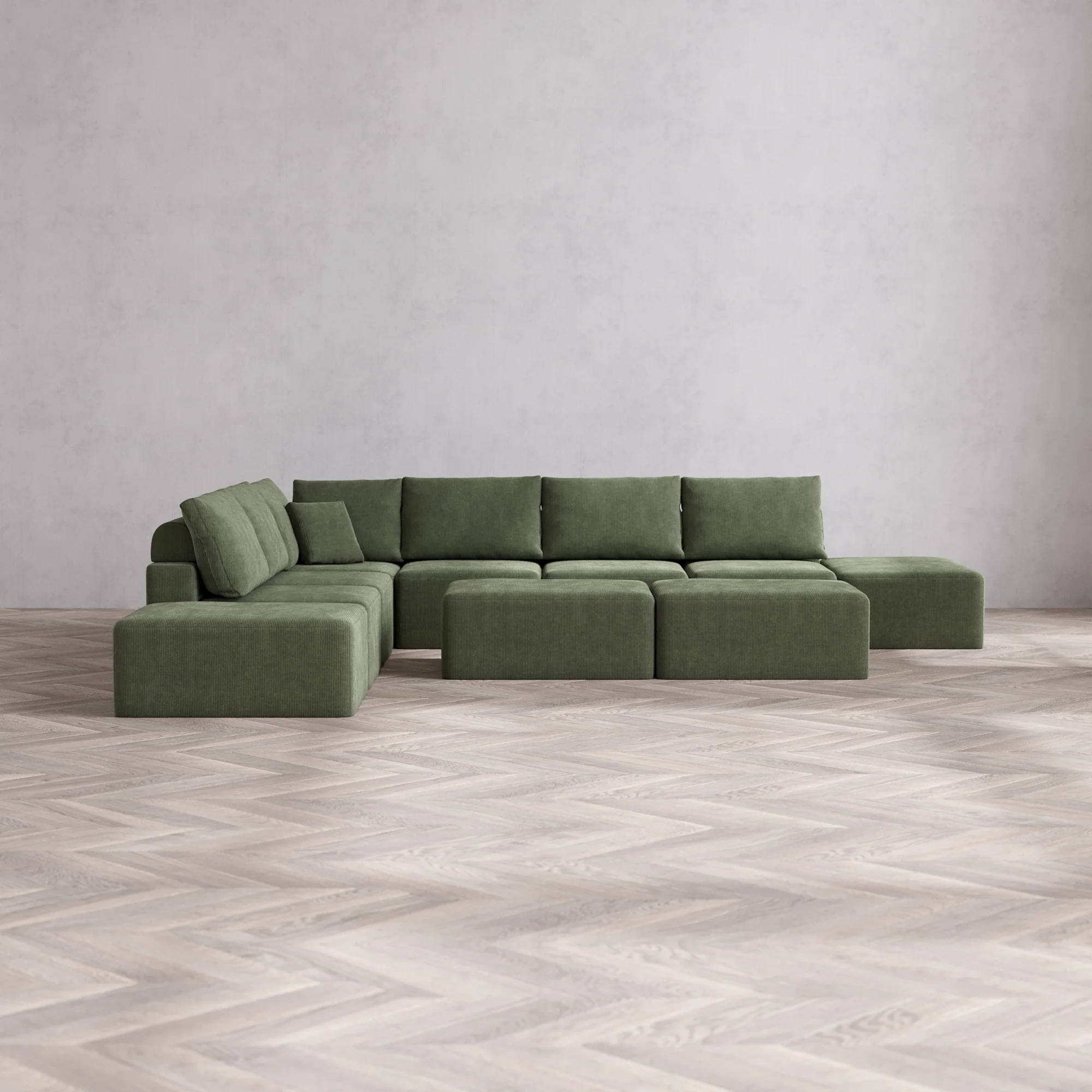 Slipcover Only - Modular Washable 8-Seater Open-Ends Corner Sectional + Chaise Ottoman Bench Cloud + Bolster Sofa in Juniper