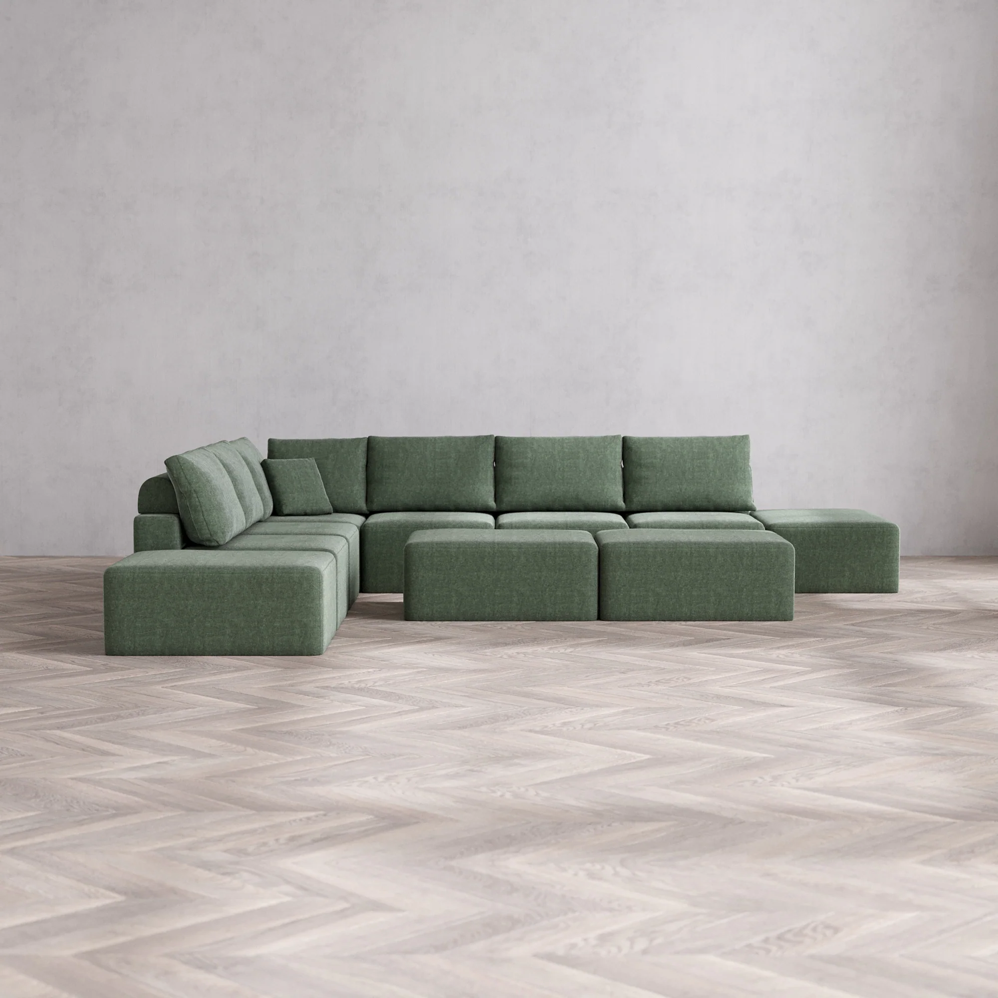 Slipcover Only - Modular Washable 8-Seater Open-Ends Corner Sectional + Chaise Ottoman Bench Cloud + Bolster Sofa in Sage