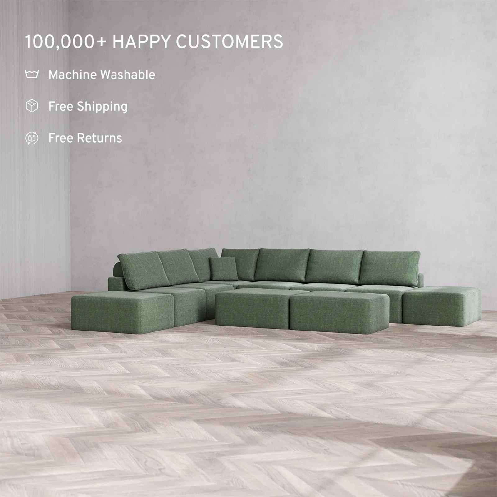 Slipcover Only - Modular Washable 8-Seater Open-Ends Corner Sectional + Chaise Ottoman Bench Cloud + Bolster Sofa in Sage - Image 2