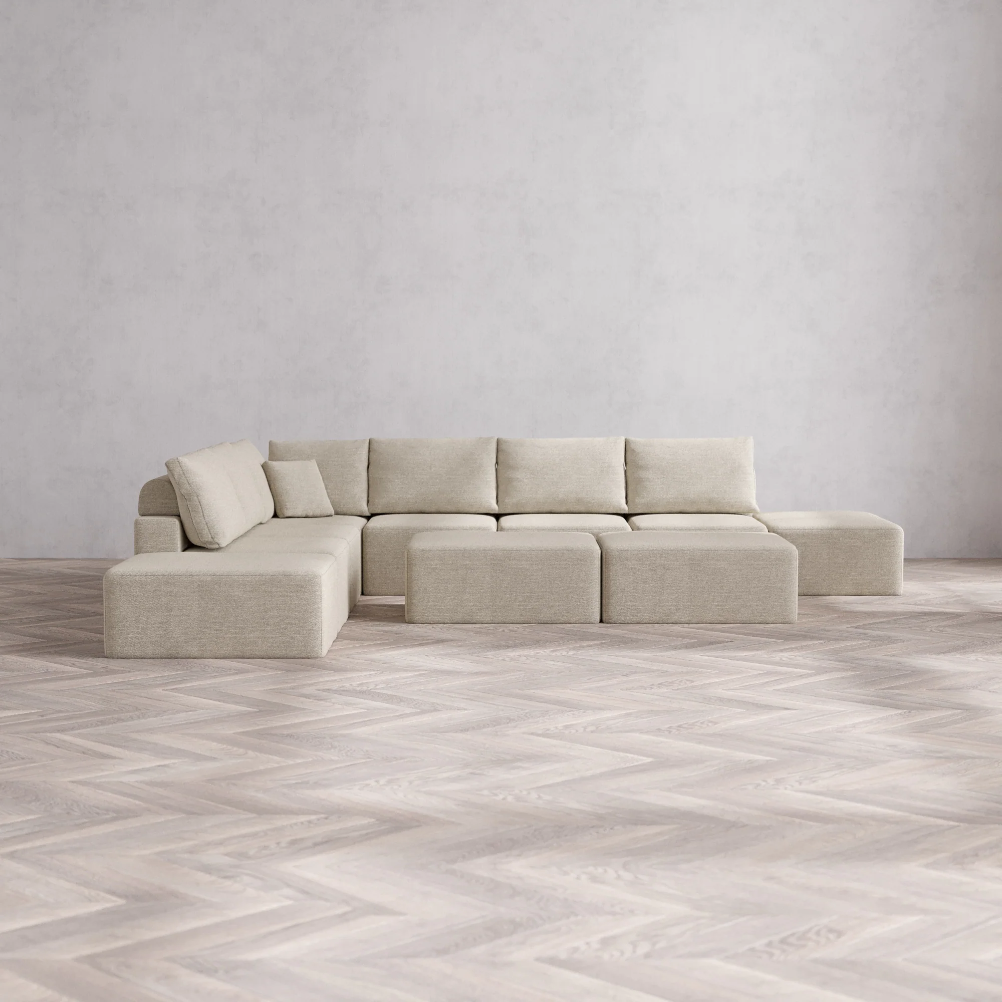 Slipcover Only - Modular Washable 8-Seater Open-Ends Corner Sectional + Chaise Ottoman Bench Cloud + Bolster Sofa in Sandstone