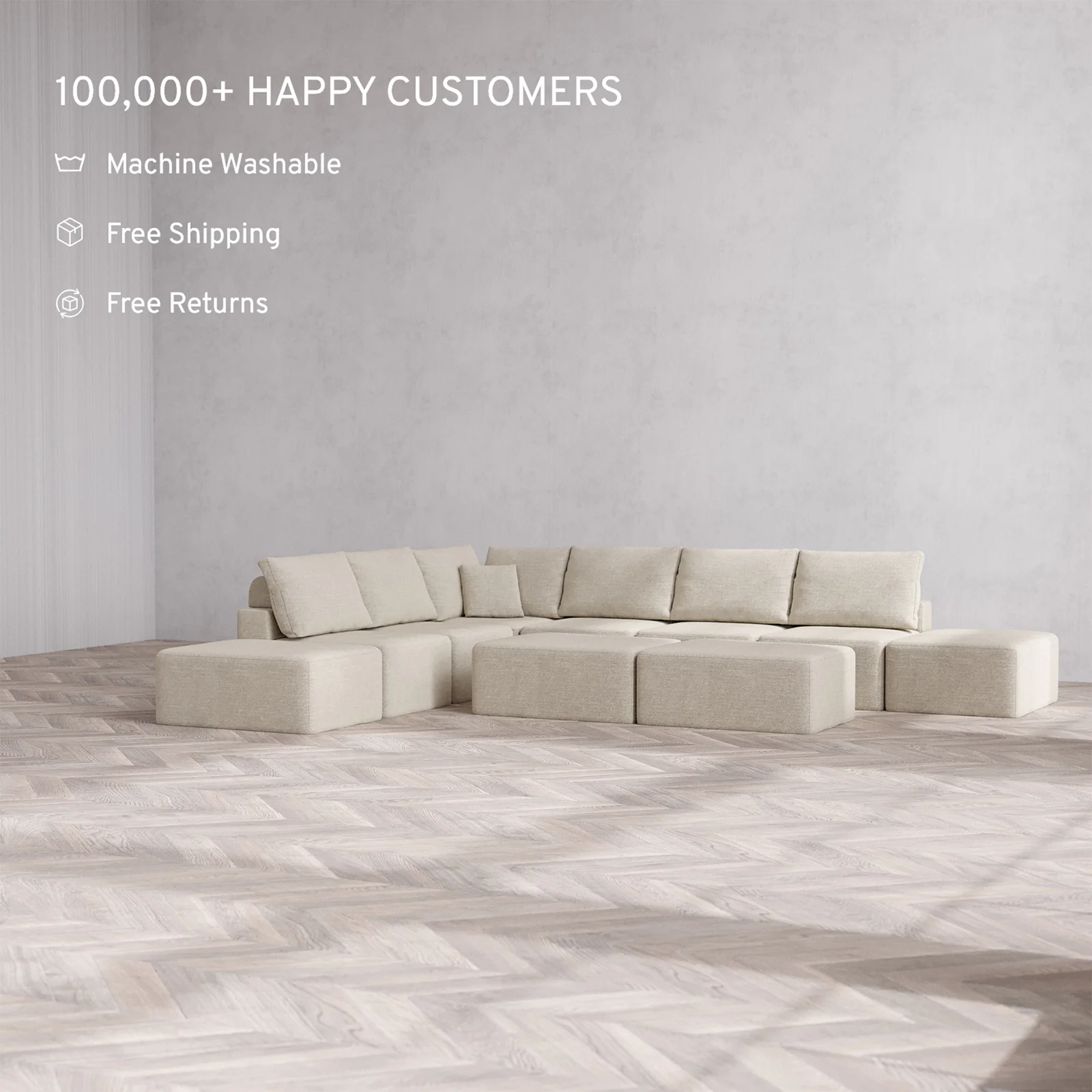 Slipcover Only - Modular Washable 8-Seater Open-Ends Corner Sectional + Chaise Ottoman Bench Cloud + Bolster Sofa in Sandstone - Image 2