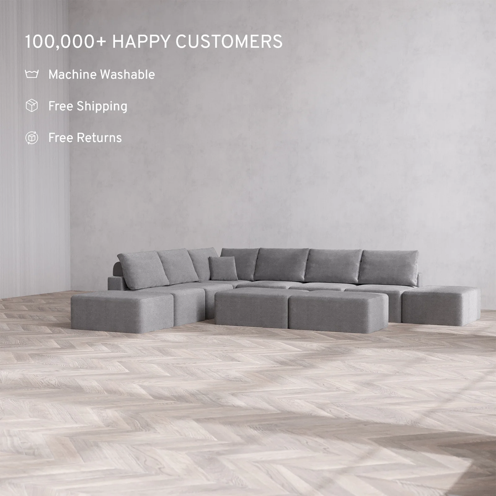 Slipcover Only - Modular Washable 8-Seater Open-Ends Corner Sectional + Chaise Ottoman Bench Cloud + Bolster Sofa in Slate - Image 2
