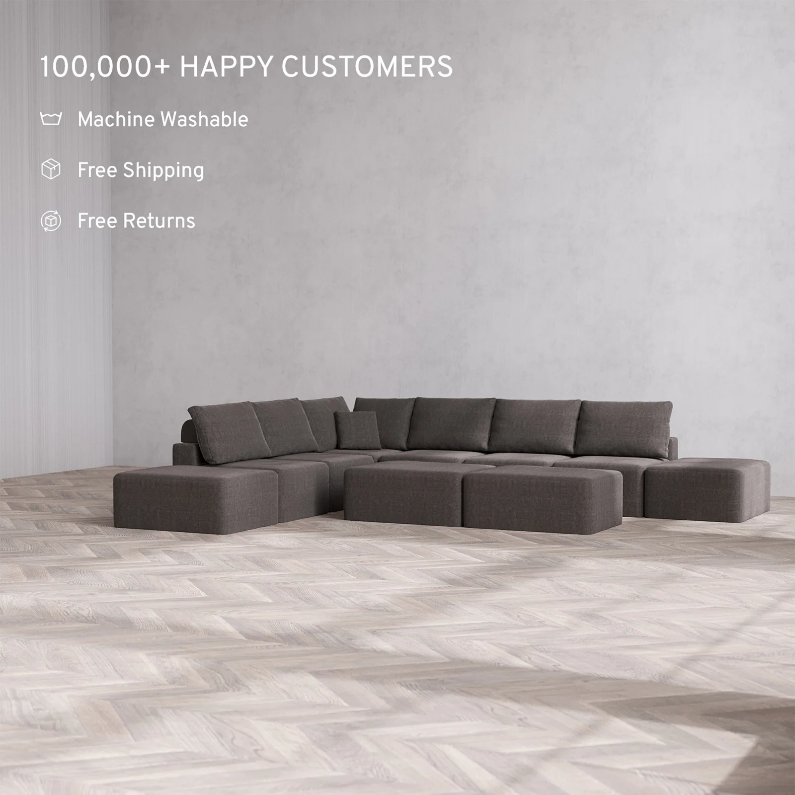 Slipcover Only - Modular Washable 8-Seater Open-Ends Corner Sectional + Chaise Ottoman Bench Cloud + Bolster Sofa in Truffle - Image 2