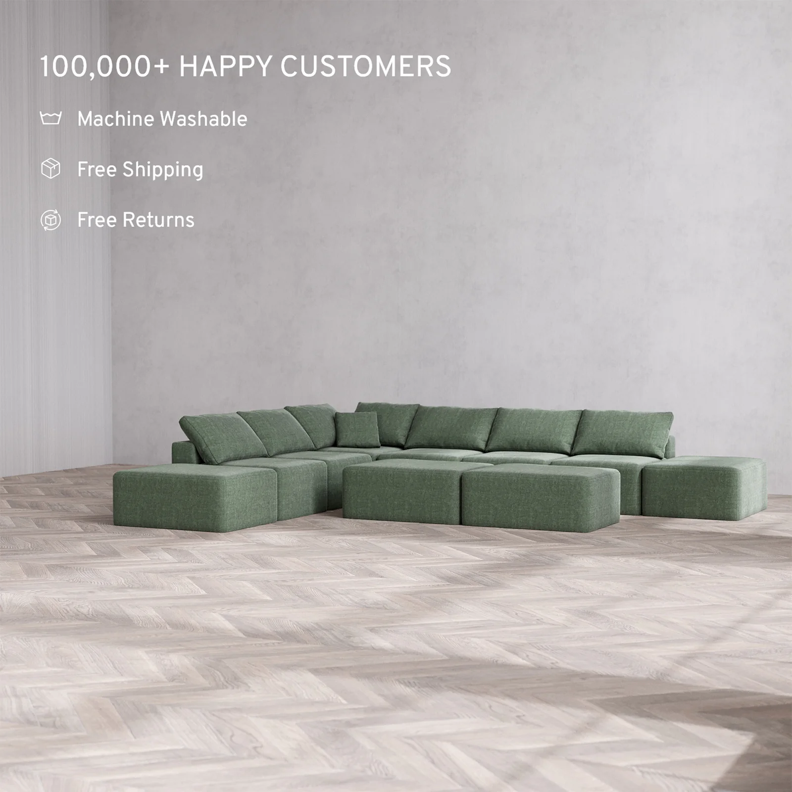 Slipcover Only - Modular Washable 8-Seater Open-Ends Corner Sectional + Chaise Ottoman Bench Cloud Sofa in Sage - Image 2