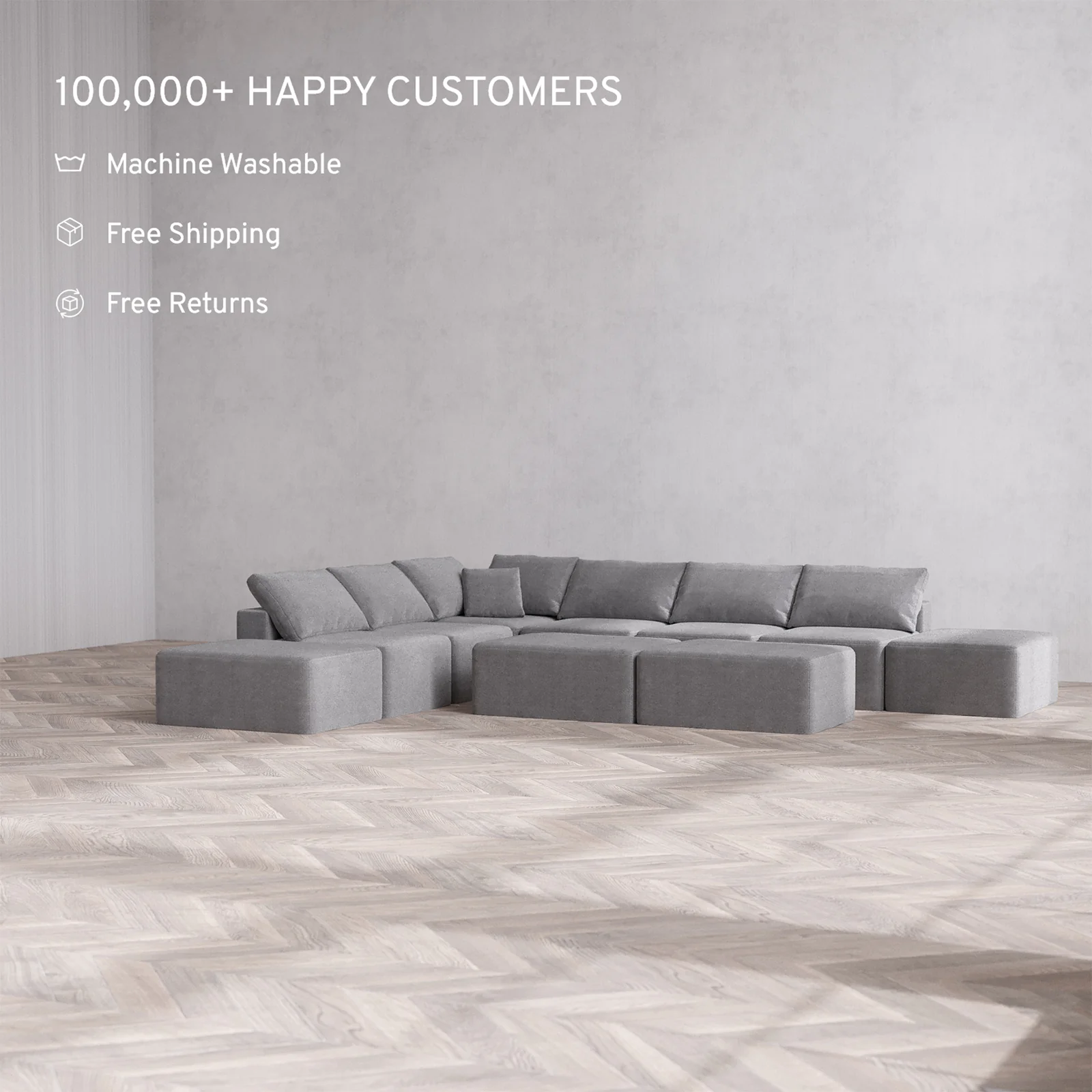 Slipcover Only - Modular Washable 8-Seater Open-Ends Corner Sectional + Chaise Ottoman Bench Cloud Sofa in Slate - Image 2