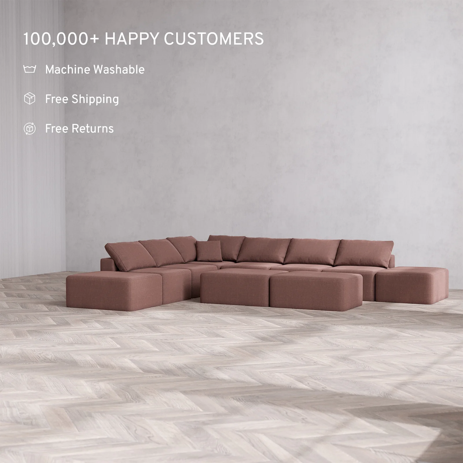 Slipcover Only - Modular Washable 8-Seater Open-Ends Corner Sectional + Chaise Ottoman Bench Cloud Sofa in Sumac - Image 2