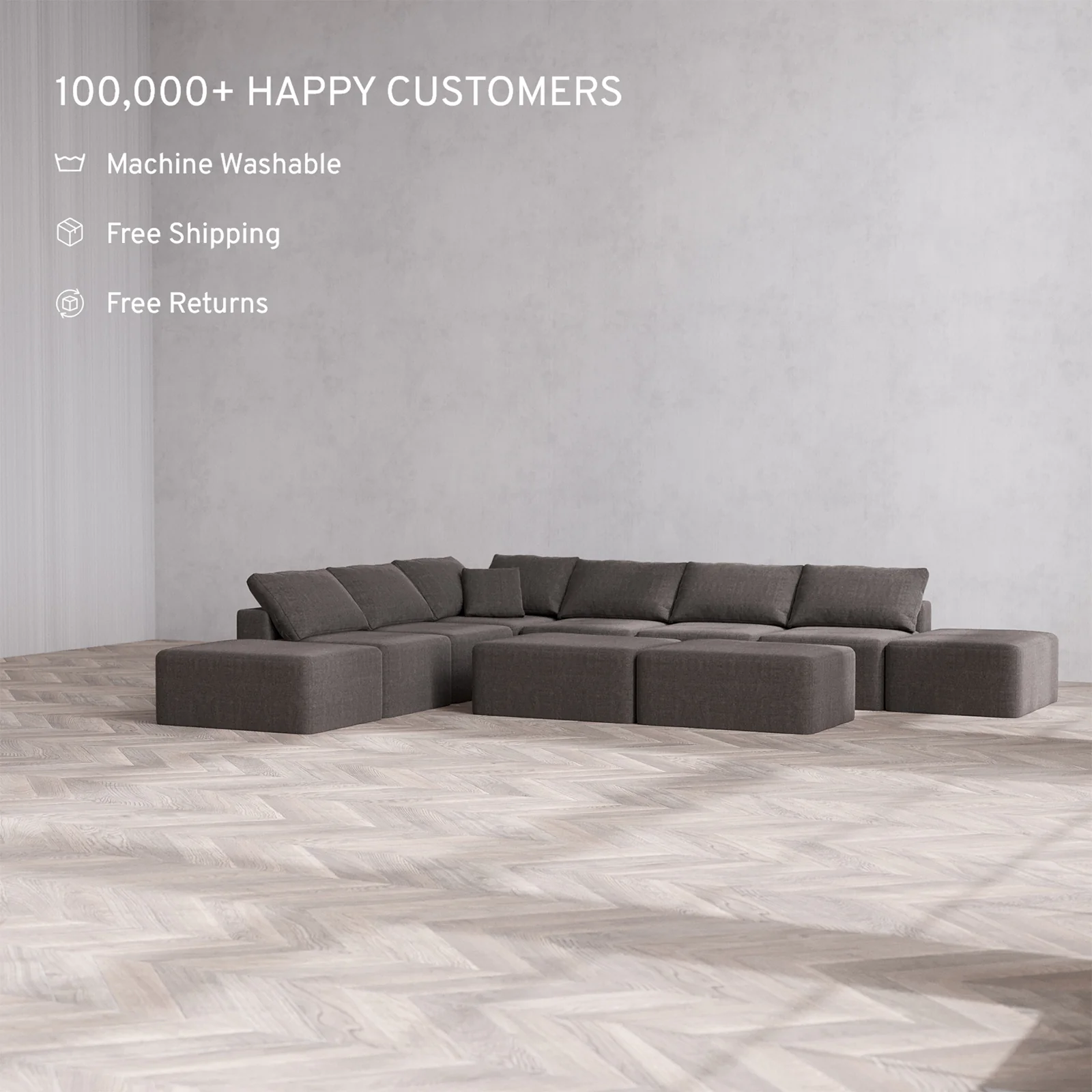 Slipcover Only - Modular Washable 8-Seater Open-Ends Corner Sectional + Chaise Ottoman Bench Cloud Sofa in Truffle - Image 2