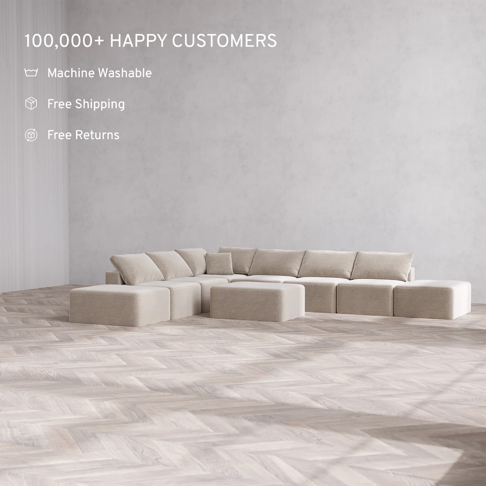 Slipcover Only - Modular Washable 8-Seater Open-Ends Corner Sectional + Chaise Ottoman Cloud Sofa in Caraway - Image 2